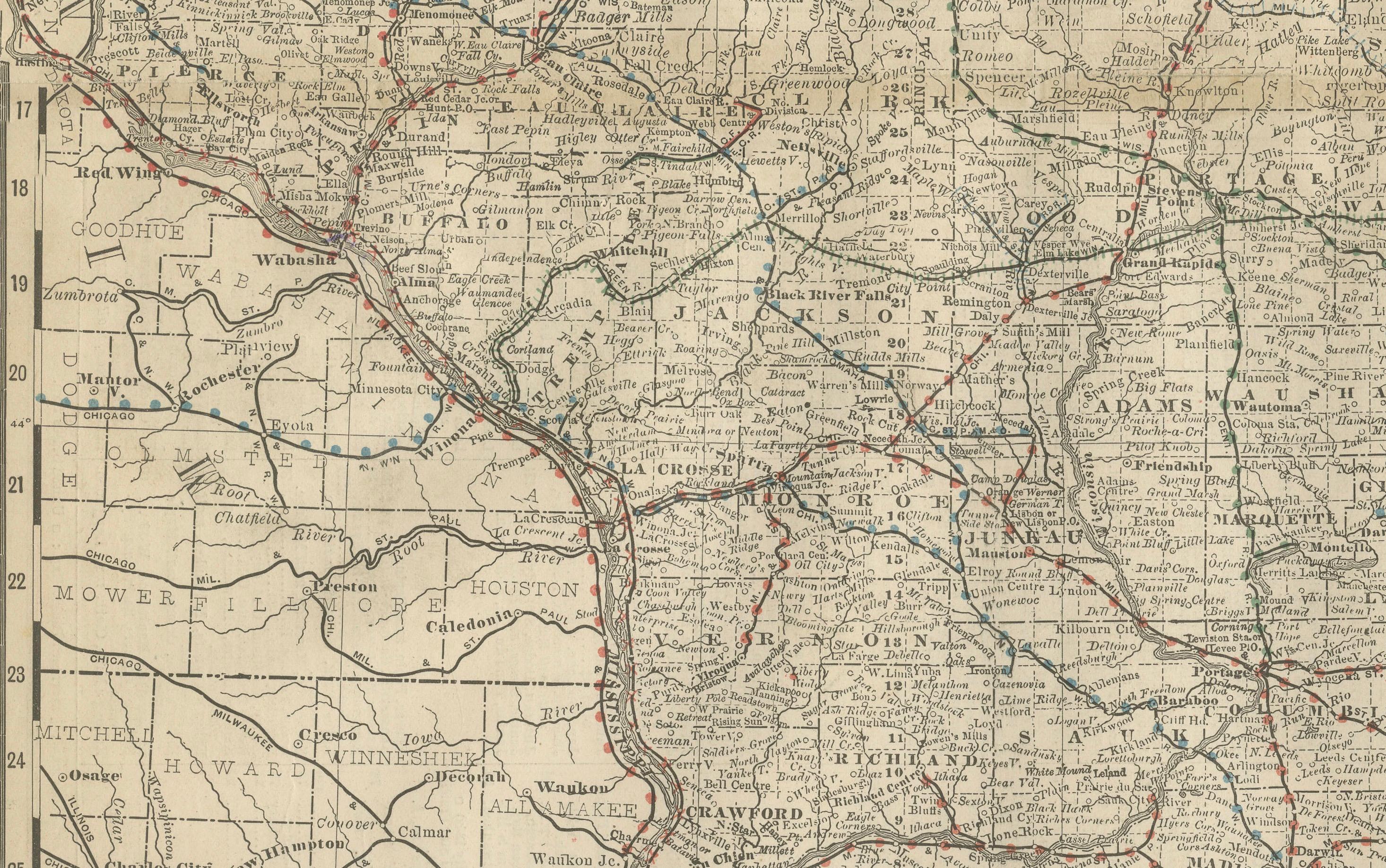 Engraved Antique Map of Wisconsin – The Badger State with Railroads & Counties, 1888 For Sale