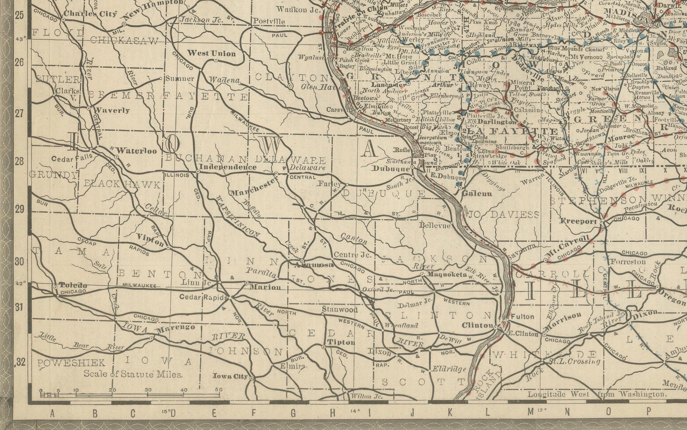 Antique Map of Wisconsin – The Badger State with Railroads & Counties, 1888 In Good Condition For Sale In Langweer, NL