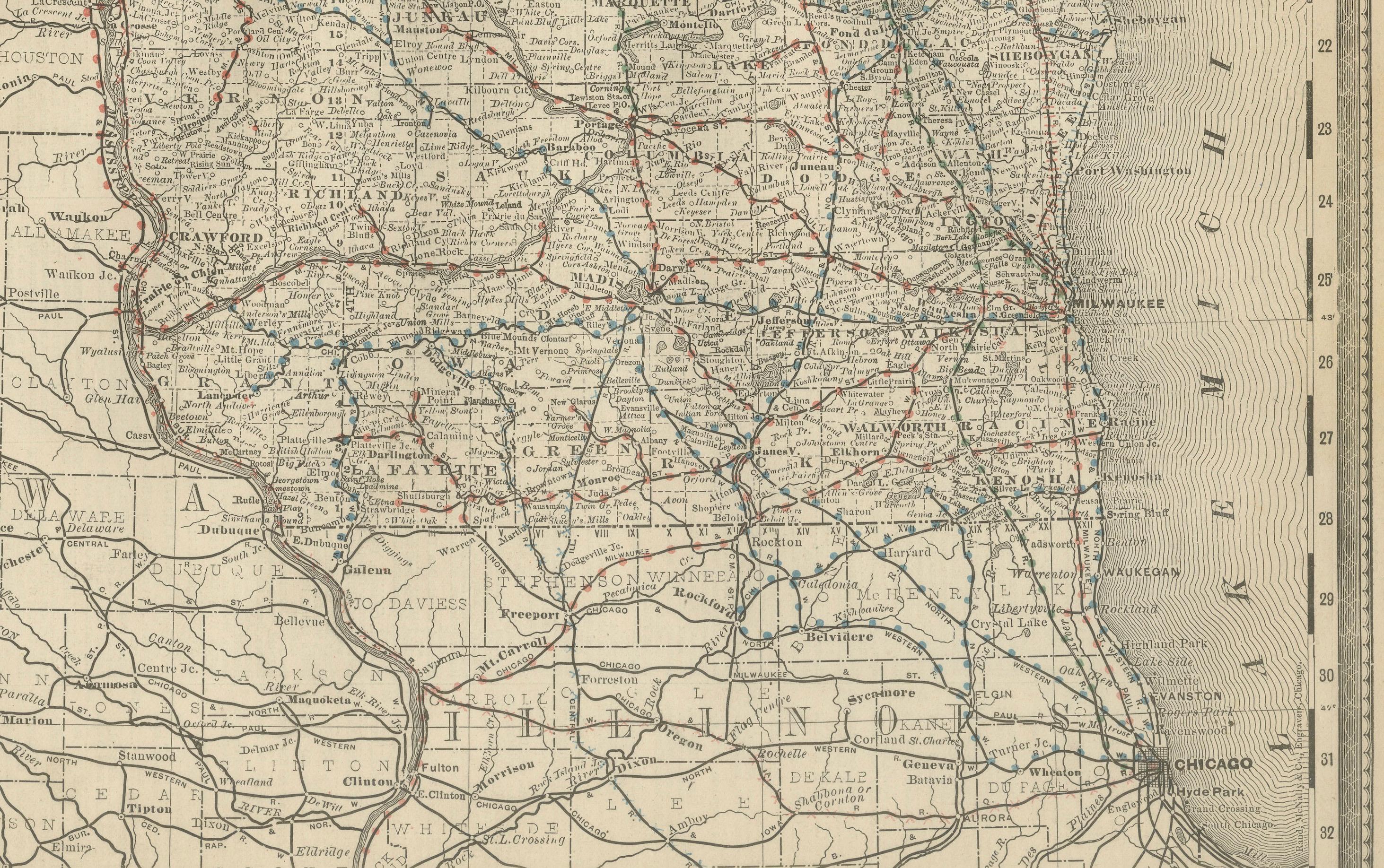 19th Century Antique Map of Wisconsin – The Badger State with Railroads & Counties, 1888 For Sale