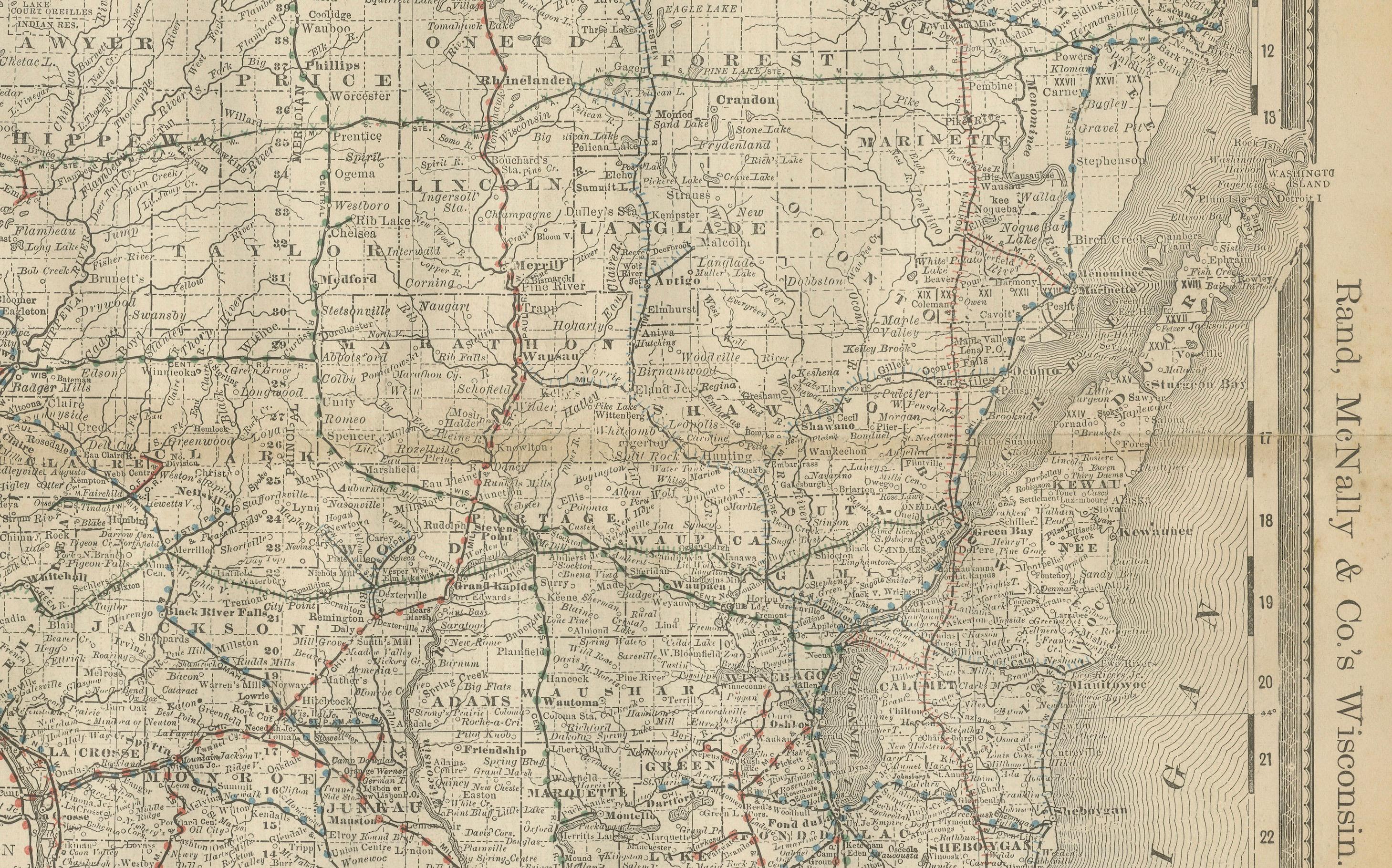 Paper Antique Map of Wisconsin – The Badger State with Railroads & Counties, 1888 For Sale