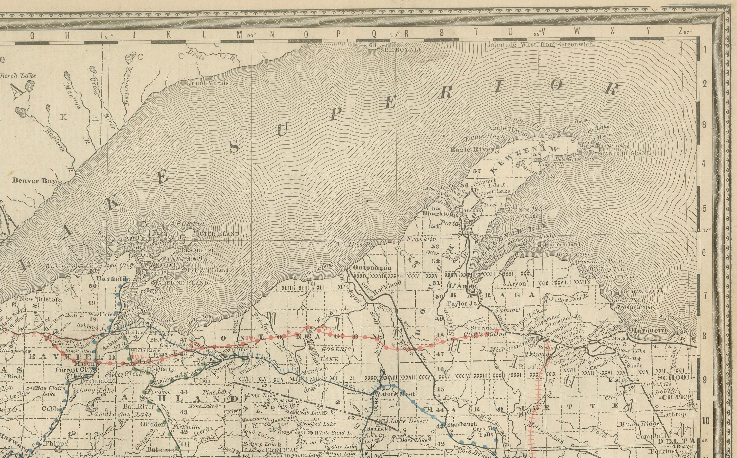 Antique Map of Wisconsin – The Badger State with Railroads & Counties, 1888 For Sale 1