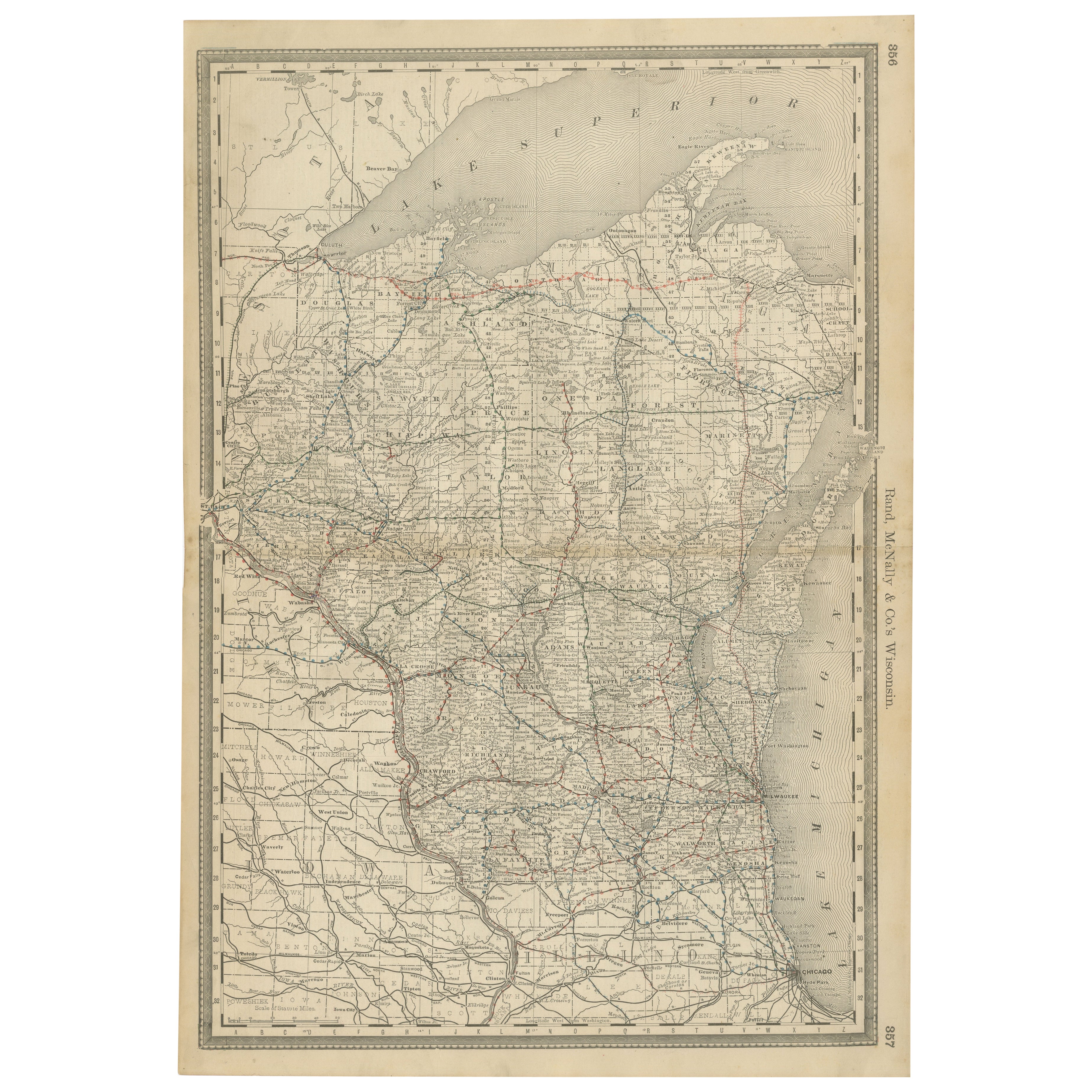 Antique Map of Wisconsin – The Badger State with Railroads & Counties, 1888