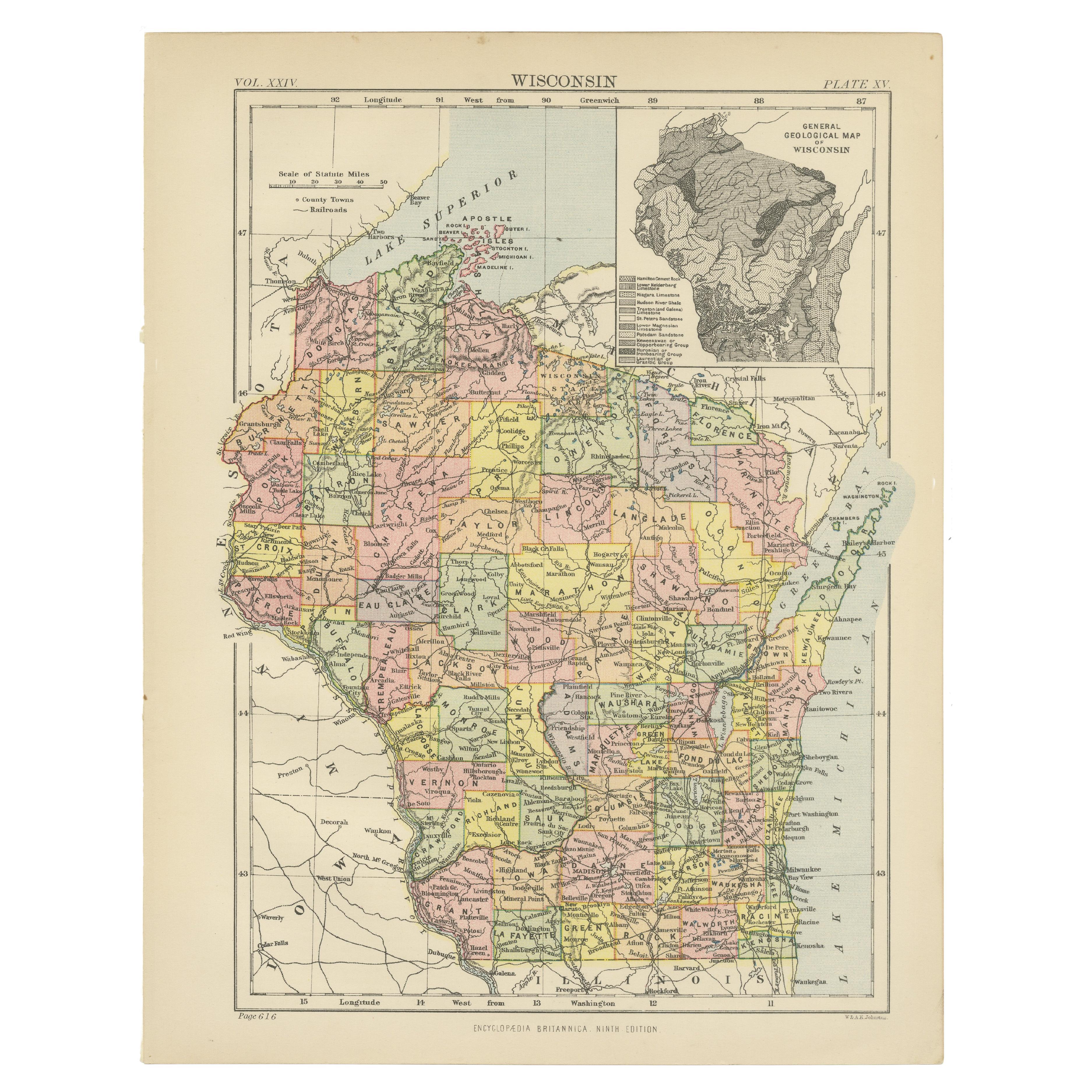 Antique Map of Wisconsin with Inset Geological Map of Wisconsin For Sale