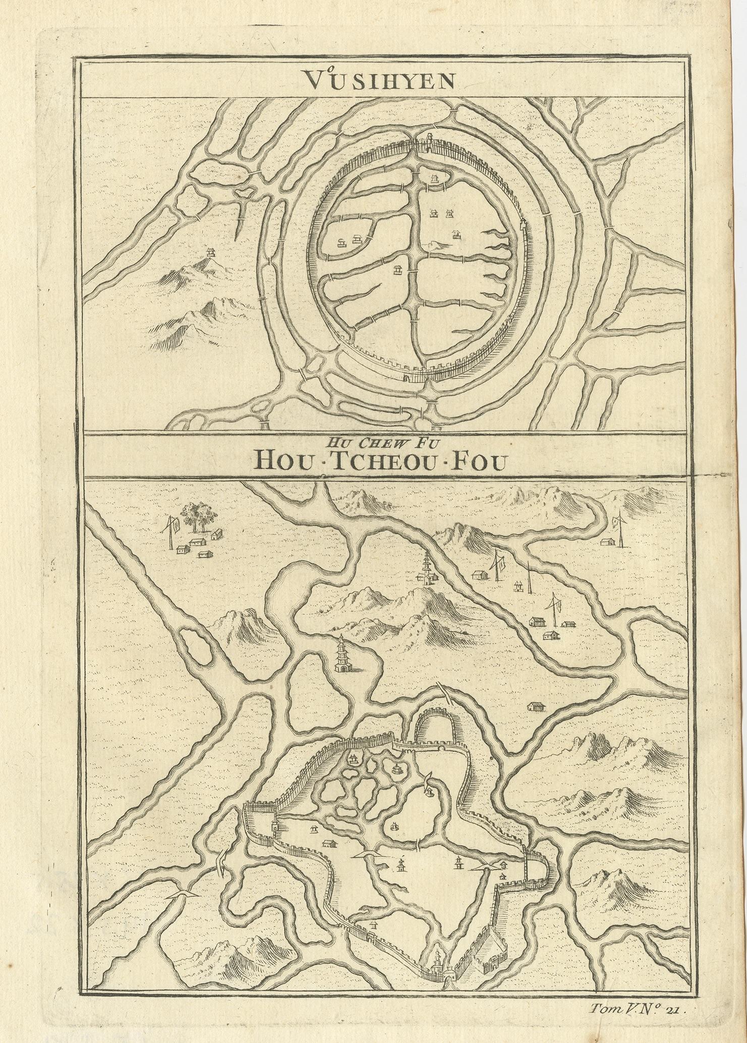 Antique map titled 'Vusihyen. Hu Chew Fu'. Plans of Wuxi and Huzhou, China. Originates from Prévost's 'Histoire générale des voyages'.