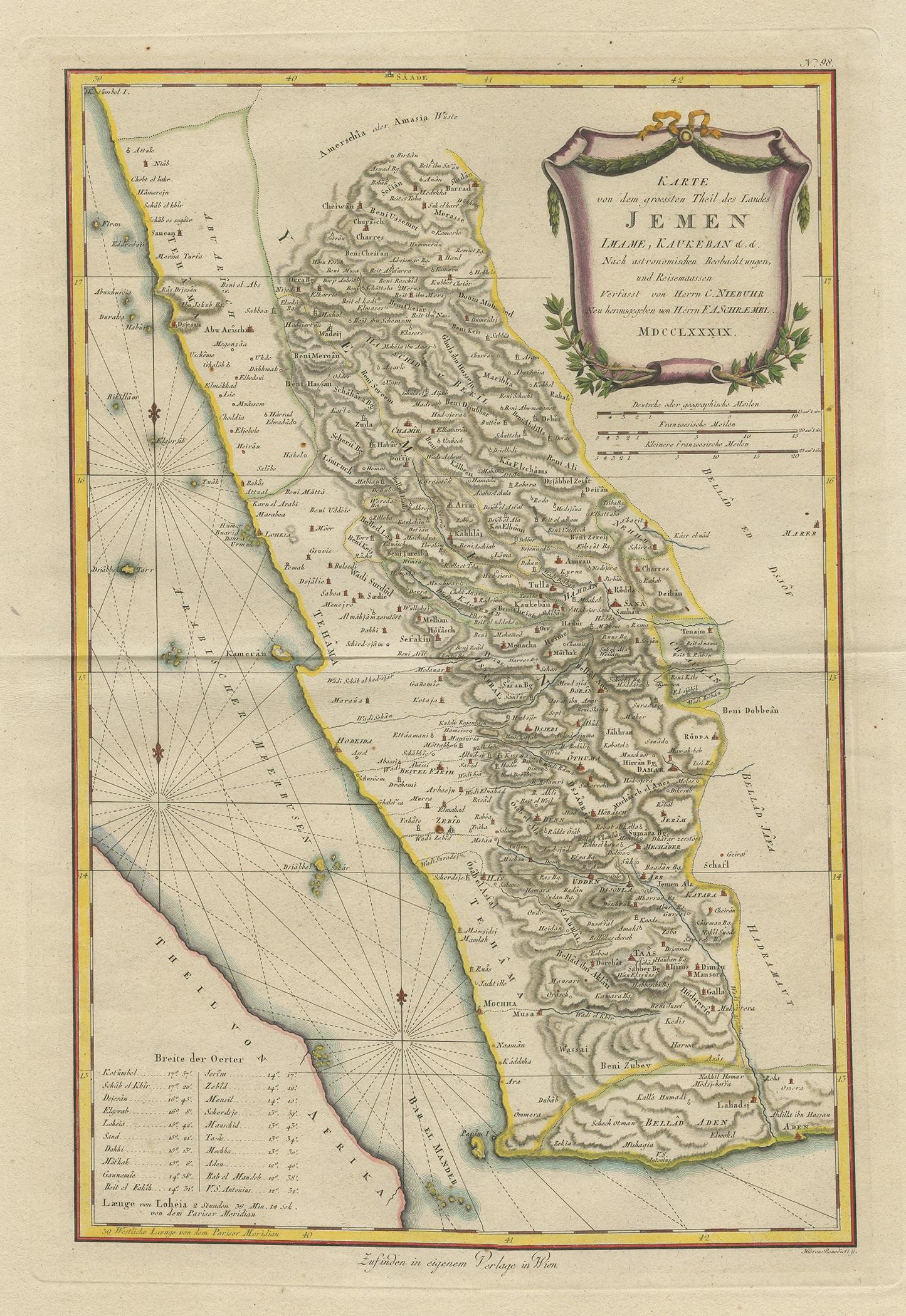 Antique map titled 'Karte von dem groessten Theil des Landes Jemen'. Original map of Yemen, this map is the first printed map specifically of Yemen, and the earliest map based on actual exploration of this region. It is derived from data collected