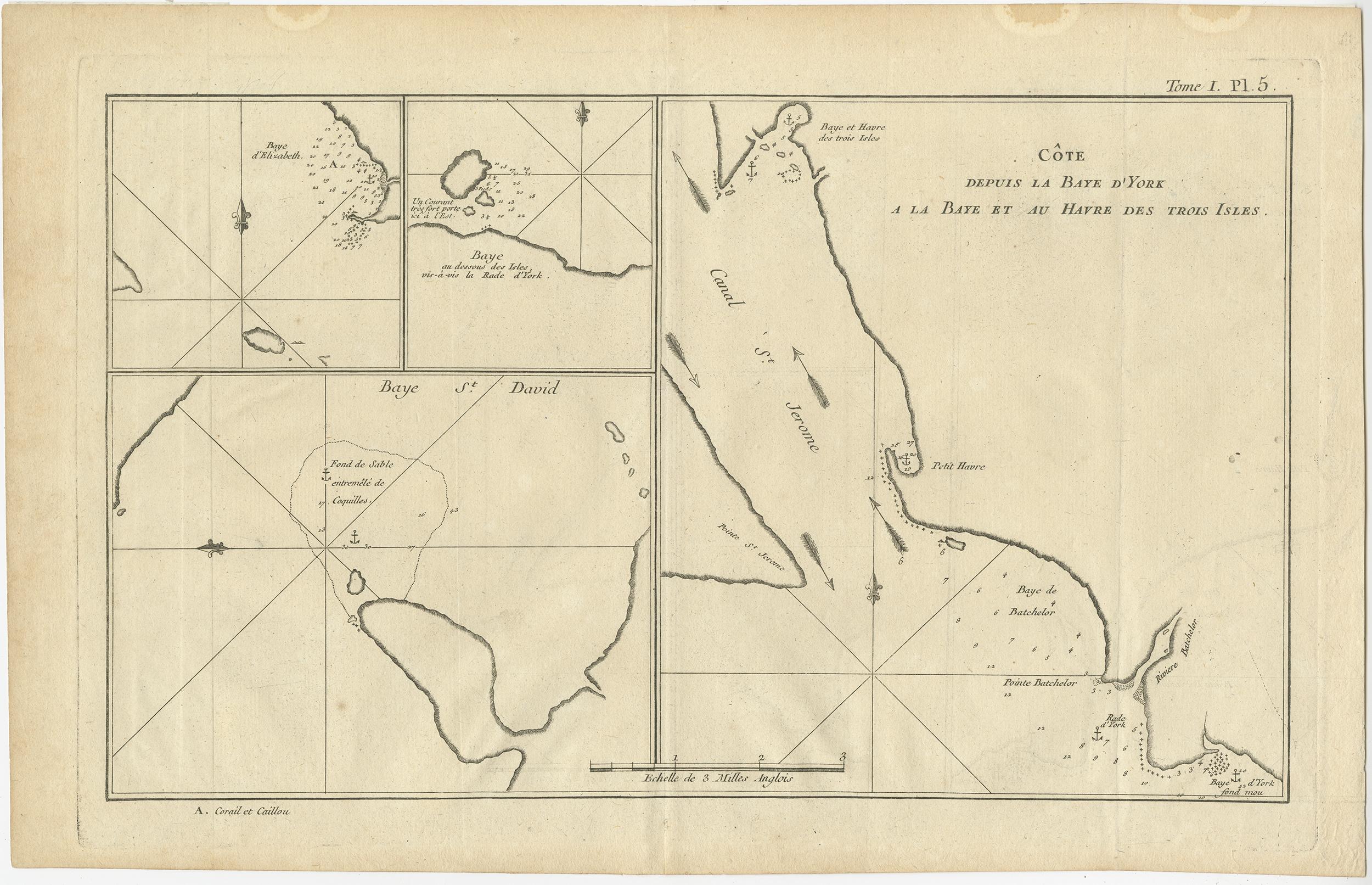 Antique map titled 'Baye St. David (..)'. Charts of York's Bay, Haven of the Three Islands, St. David's Bay, and Elizabeth's Bay. This map originates from the French edition of 'An Account of the Voyages Undertaken by the Order of His Present