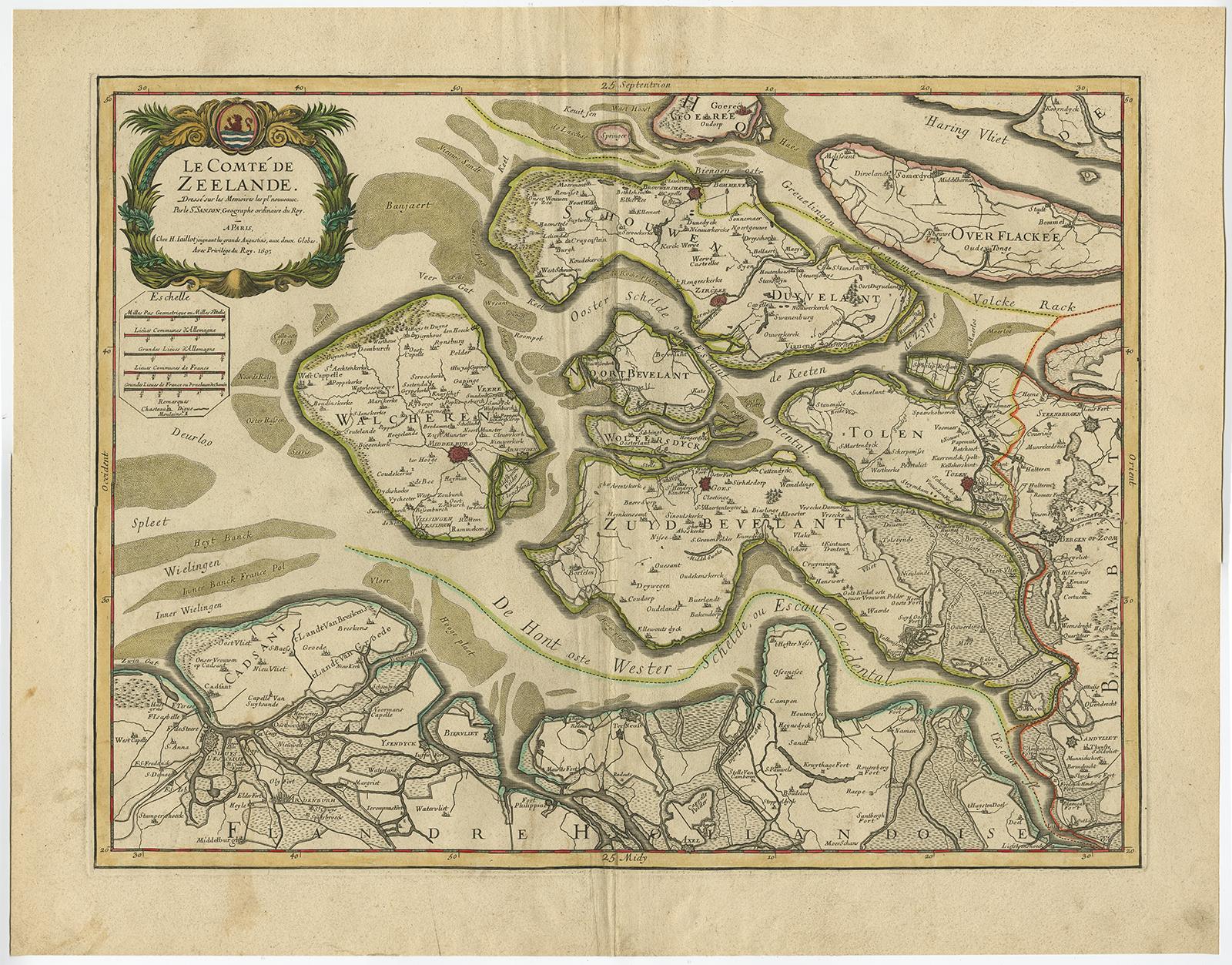 Antique map titled 'Le Comte de Zeelande (..).' Detailed map of the province of Zeeland, The Netherlands. Details shown include fortified towns, roads, sandbanks and marshlands. Based upon the earlier work of Sanson. Source unknown, to be