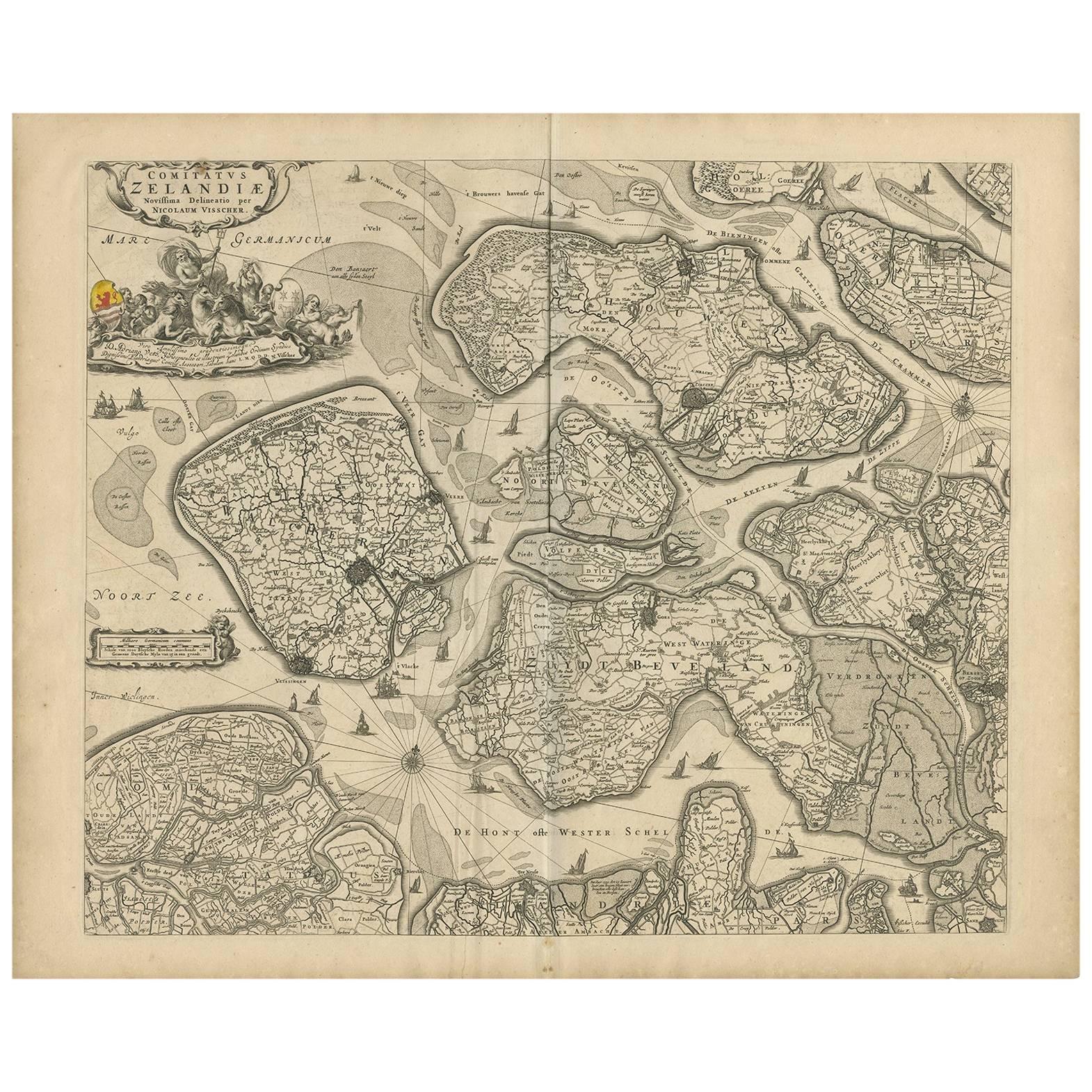Carte ancienne de Zélande « Les Pays-Bas » par N. Visscher, datant d'environ 1690