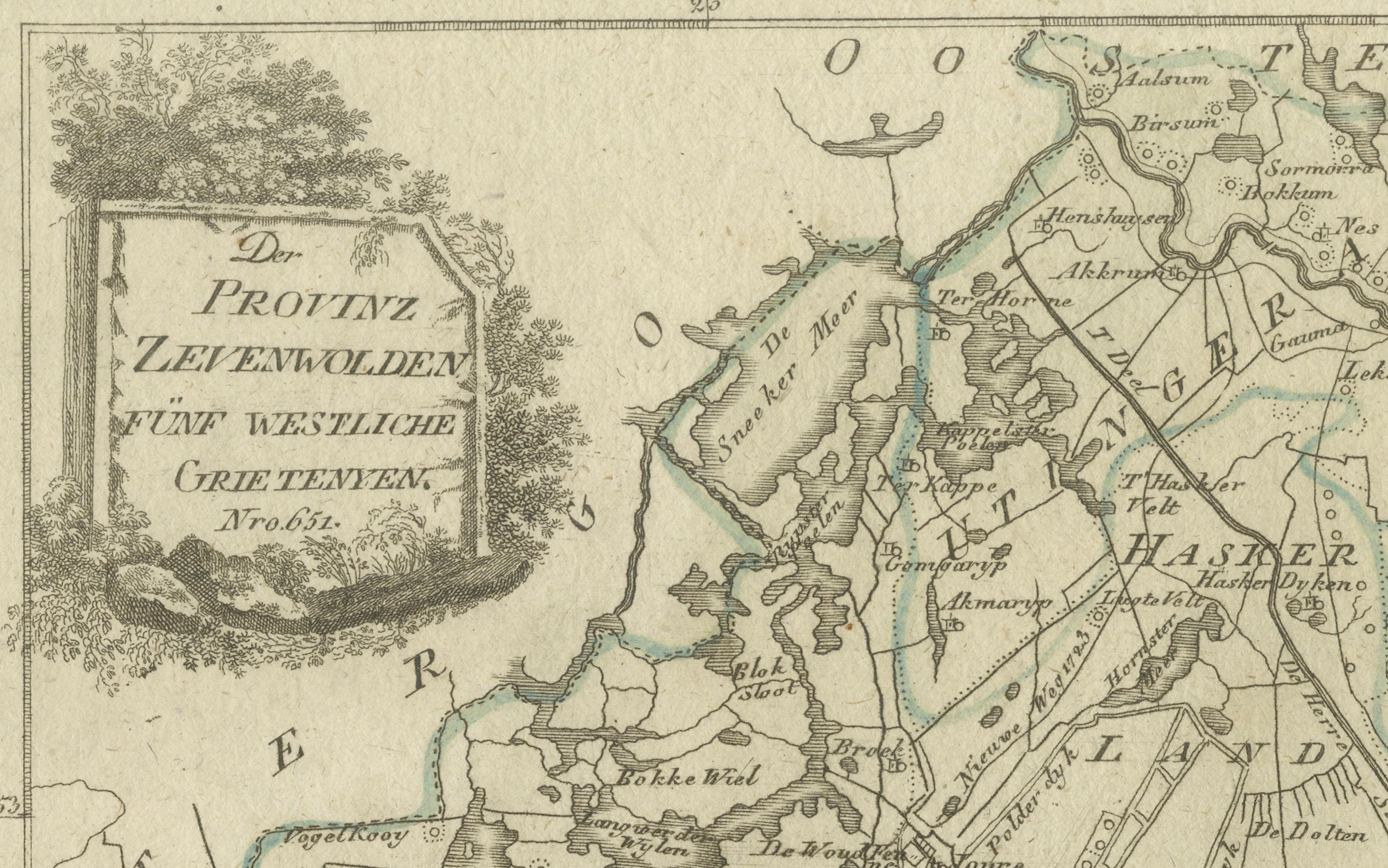Carte ancienne de Zevenwolden, Friesland par von Reilly, 1791

Carte originale gravée intitulée Der Provinz Zevenwolden fünf westliche Grietenyen No. 644, publiée à Vienne en 1791. Cette feuille représente le district de Zevenwouden (Sevenwolden) en