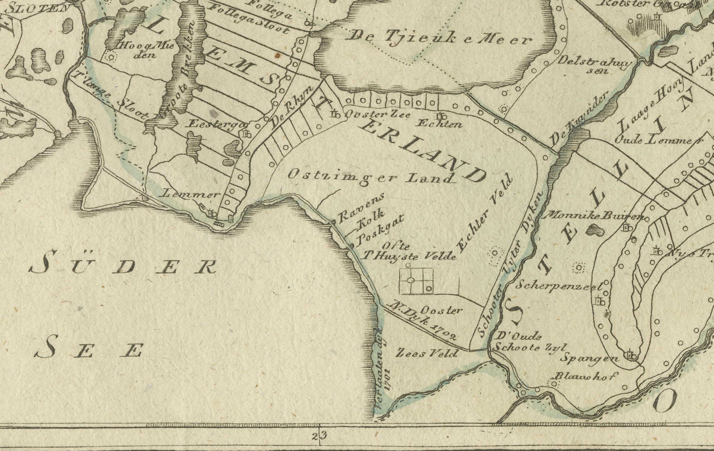 Gravé Carte ancienne de Zevenwolden, Friesland par von Reilly, 1791 en vente