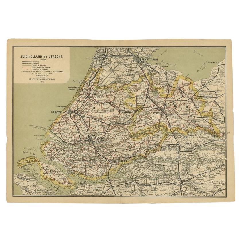 Antique Map of Zuid-Holland and Utrecht in The Netherlands, 1902 For Sale