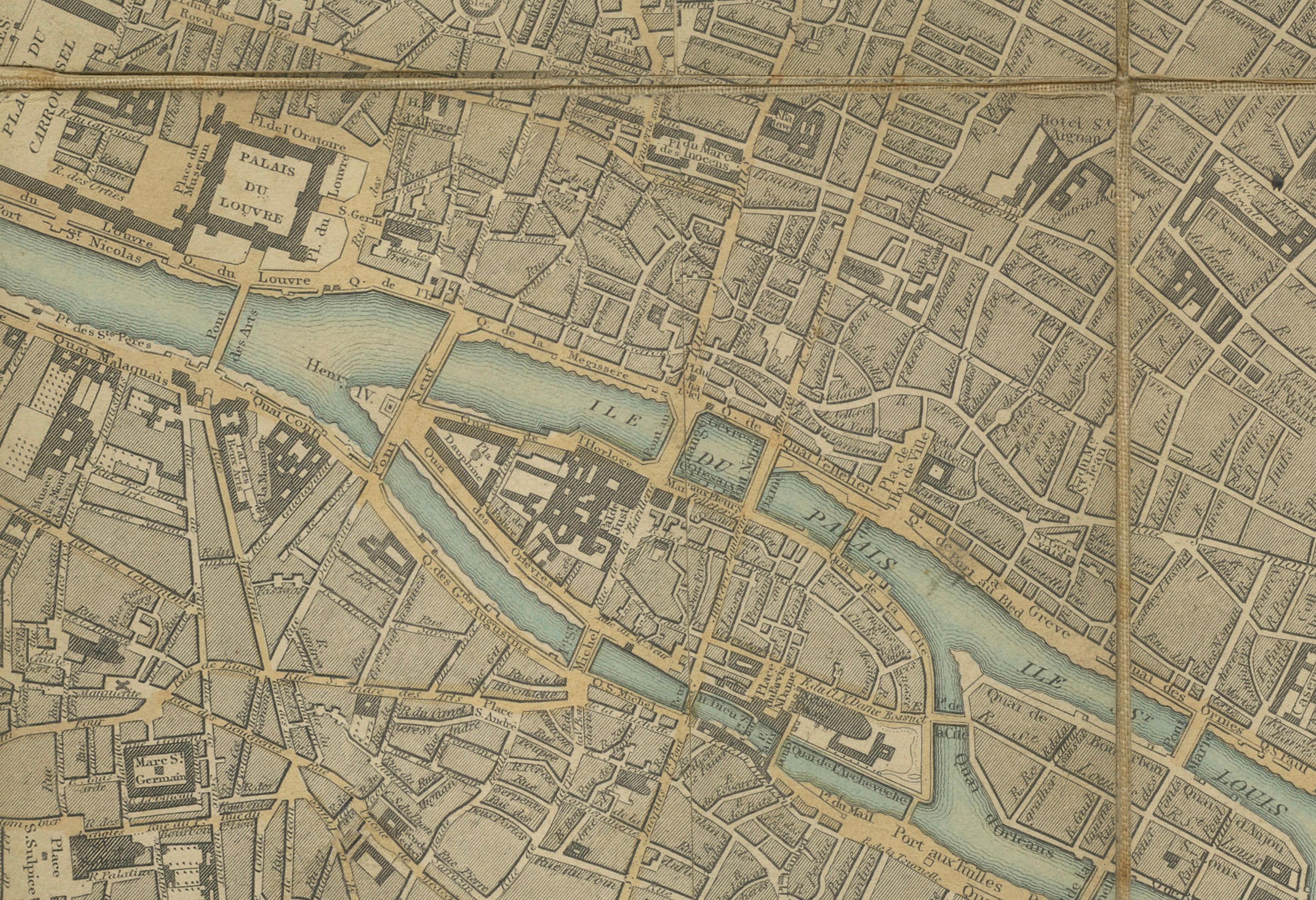 Antique Map Paris, SDUK Plan, Linen Backed, Hand Colored c.1855