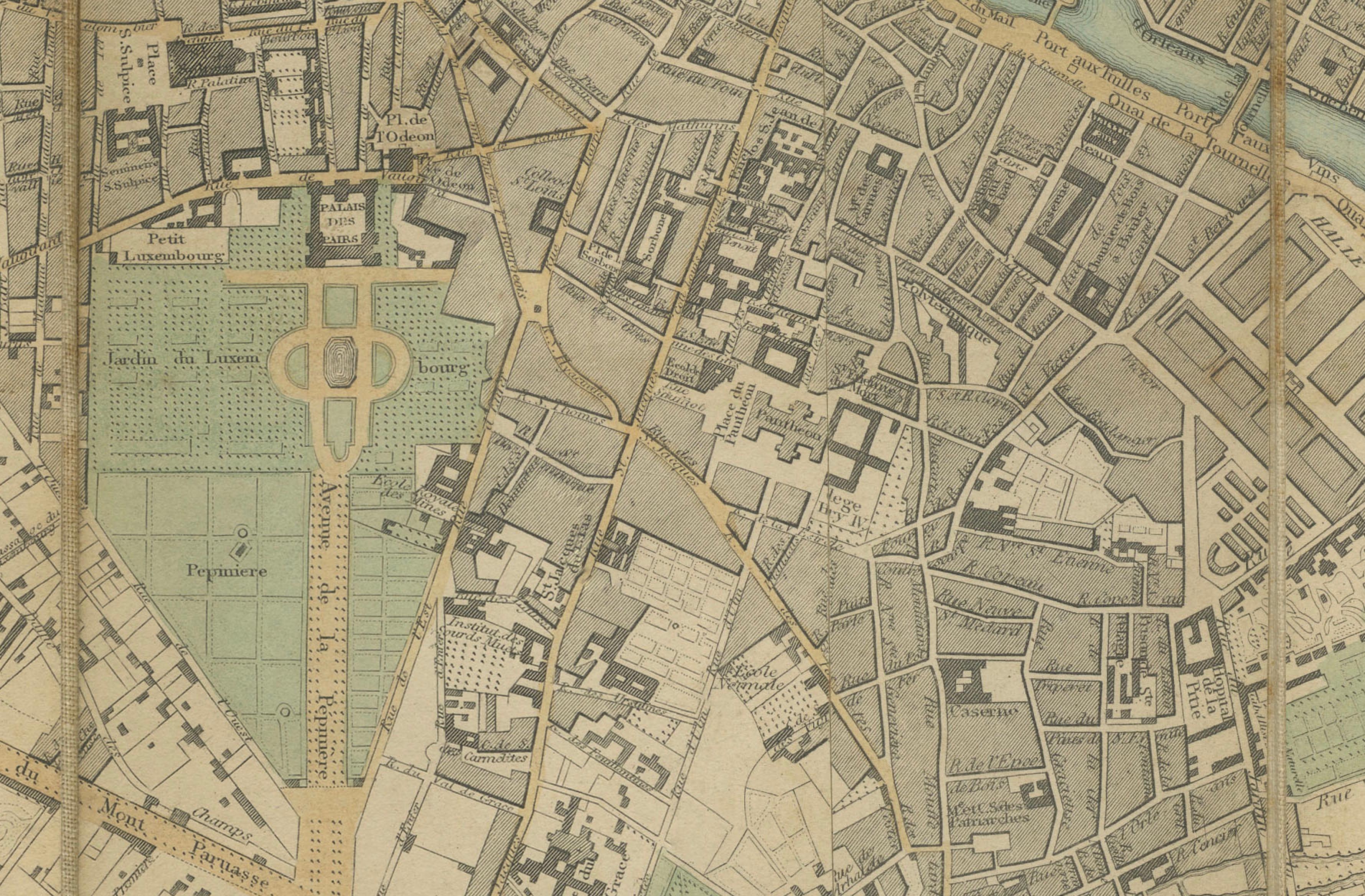 Antique Map Paris, SDUK Plan, Linen Backed, Hand Colored c.1855