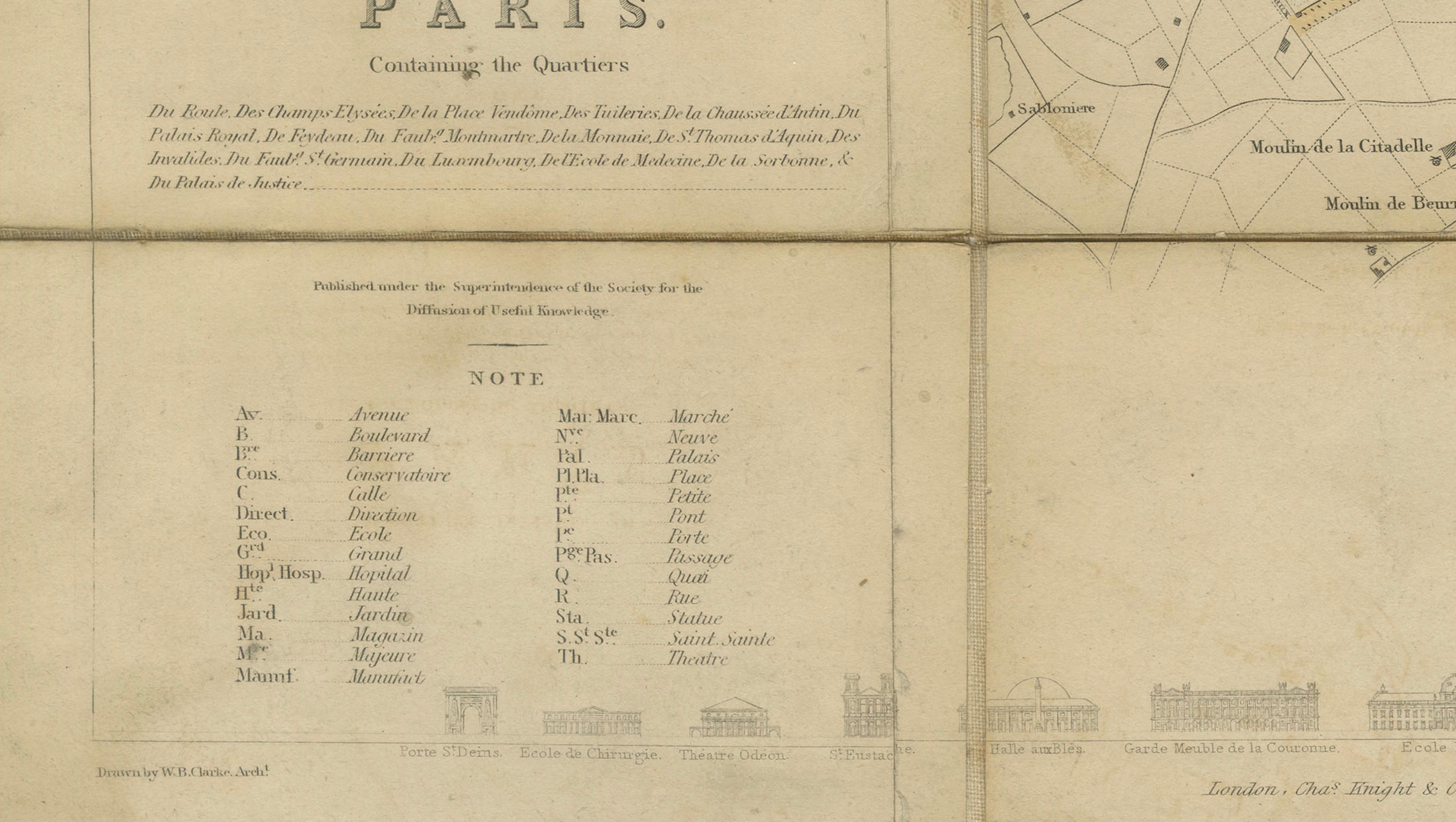 Antique Map Paris, SDUK Plan, Linen Backed, Hand Colored c.1855