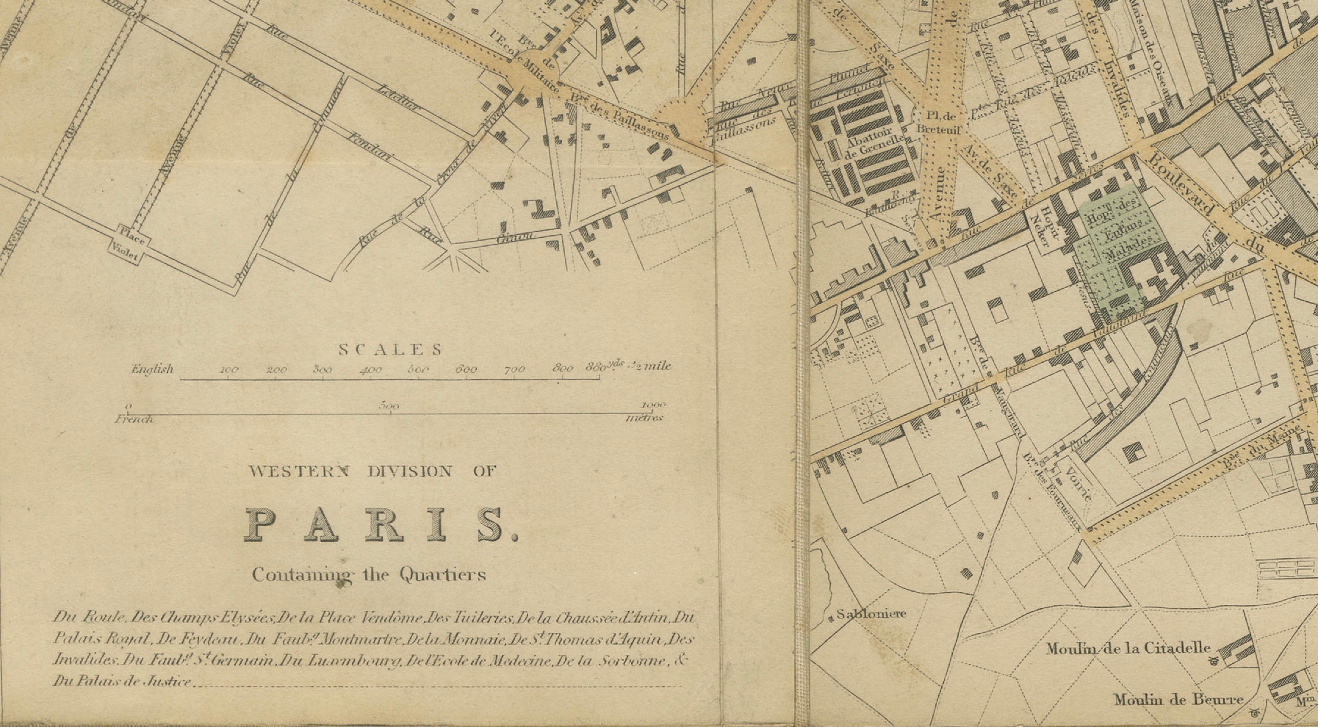 Antique Map Paris, SDUK Plan, Linen Backed, Hand Colored c.1855