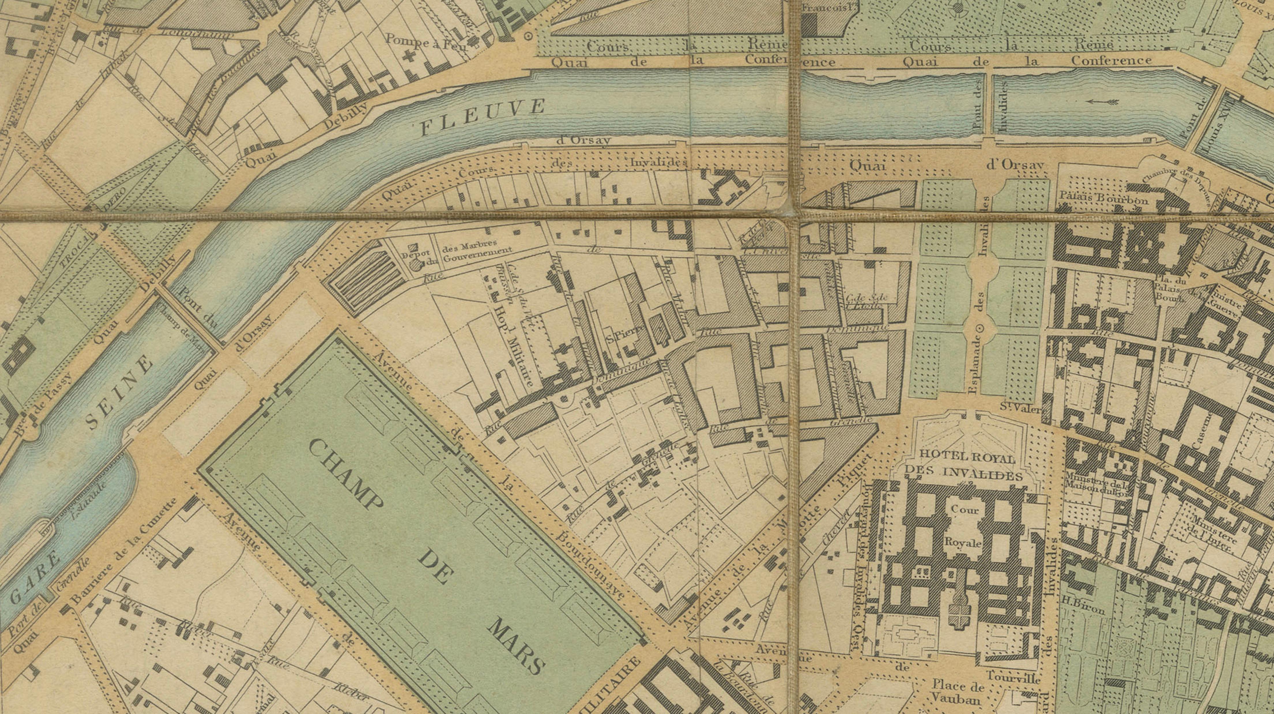 Antique Map Paris, SDUK Plan, Linen Backed, Hand Colored c.1855