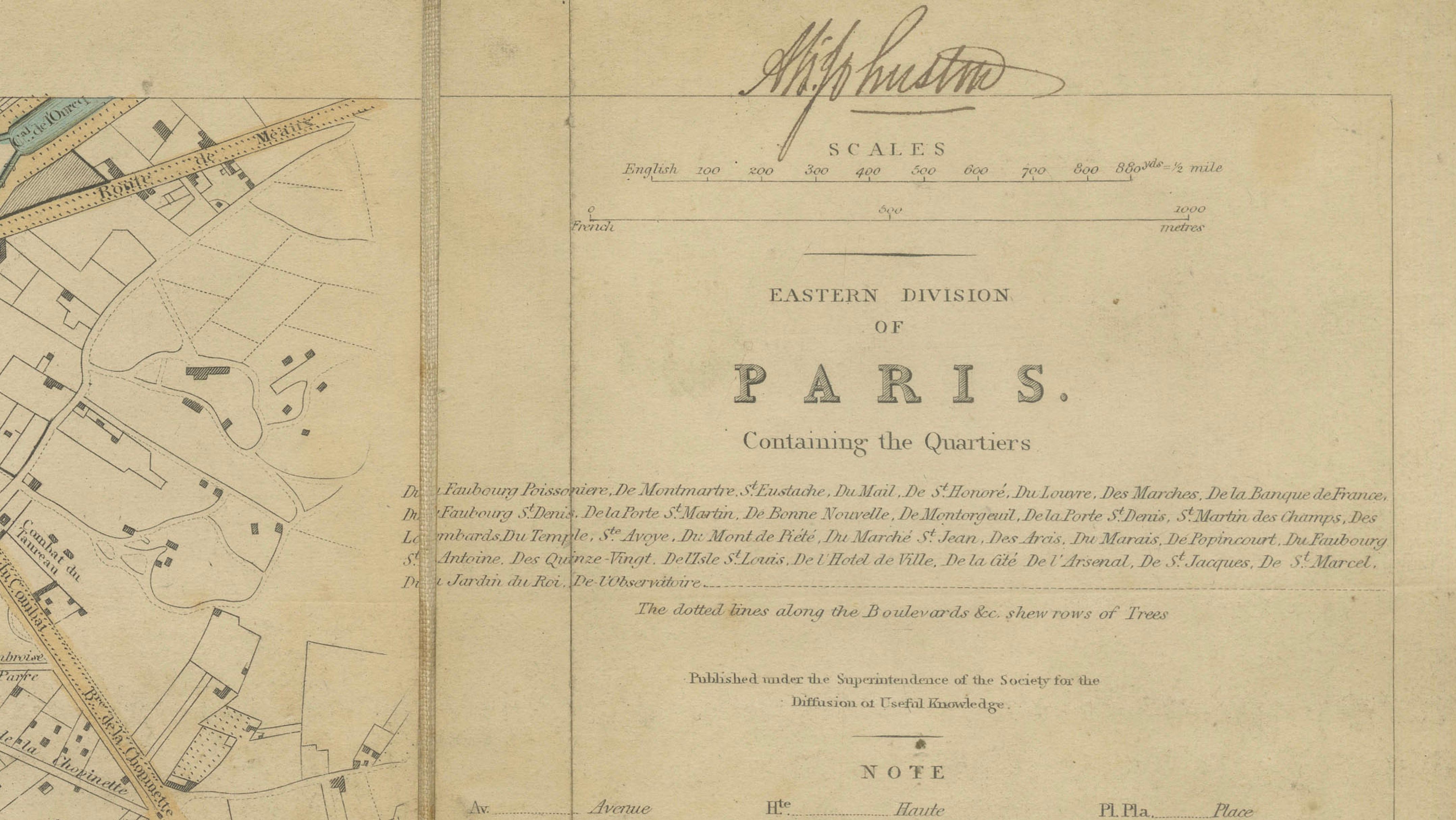Antique Map Paris, SDUK Plan, Linen Backed, Hand Colored c.1855