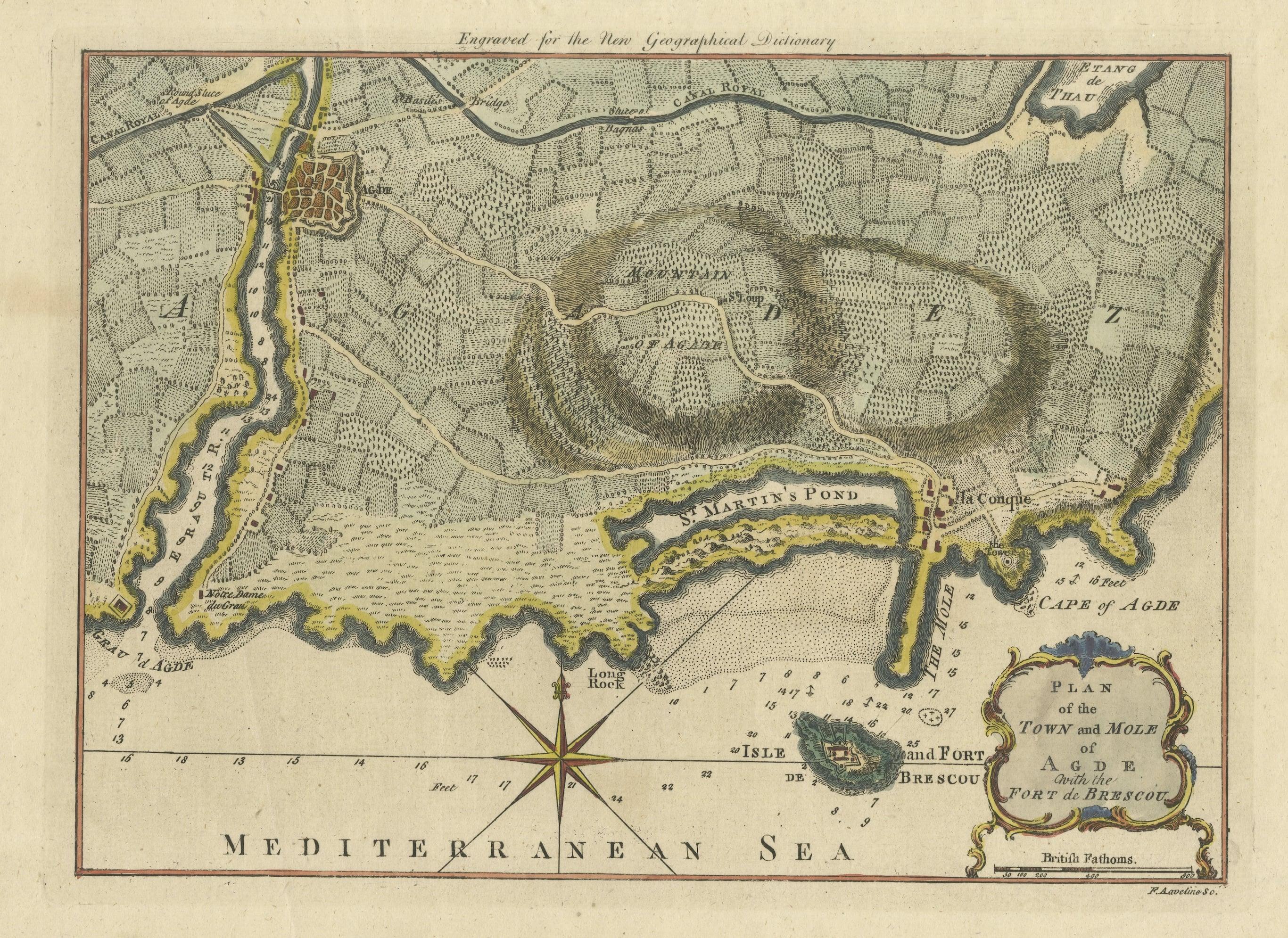 Antique Plan titled 'Plan of the Town and Mole of Agde with the Fort de Brescou'. Antique town plan of Agde, engraved for the Geographical Dictionary, by Rollos, 1759. It also shows the Fort of Brescou. The fort was built in the late sixteenth