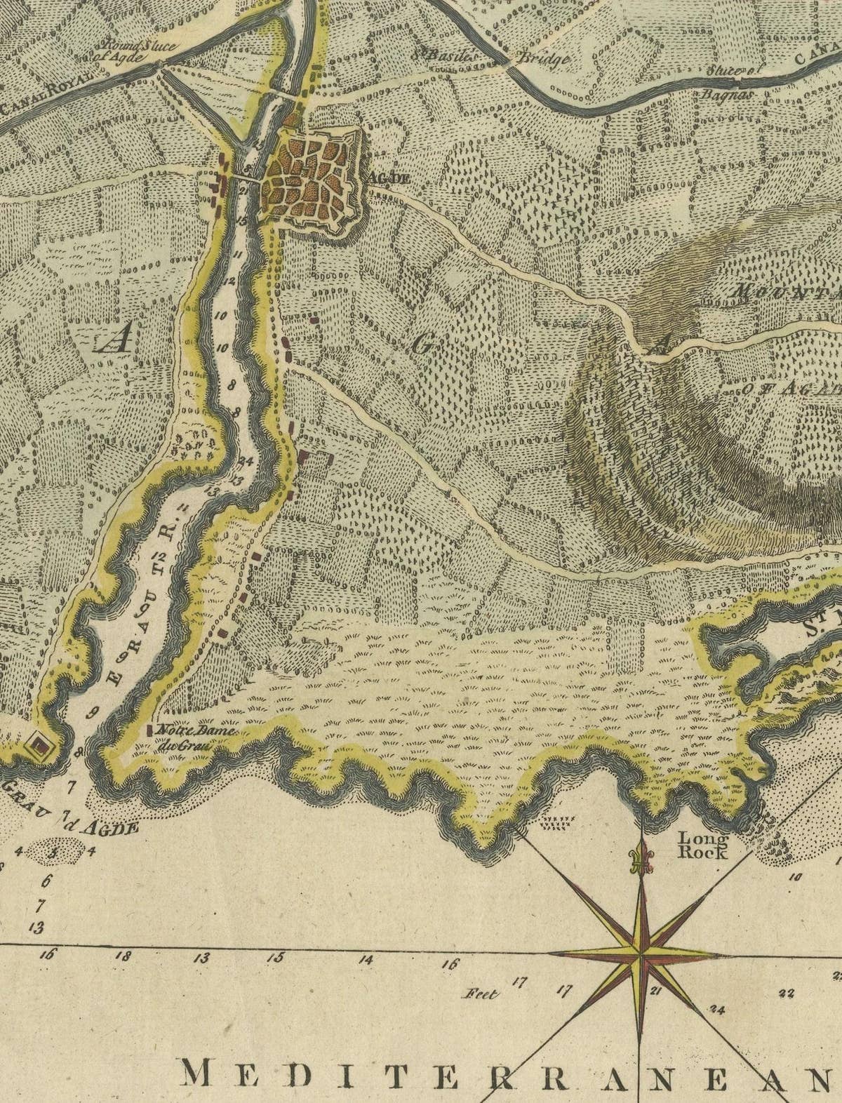 Antique Map Plan of Town and Mole of CAP D'agde & Fort De Brescou, France, 1759