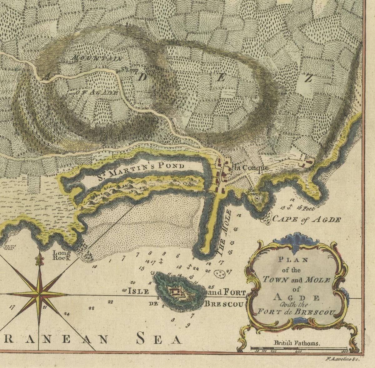 Antique Map Plan of Town and Mole of CAP D'agde & Fort De Brescou, France, 1759