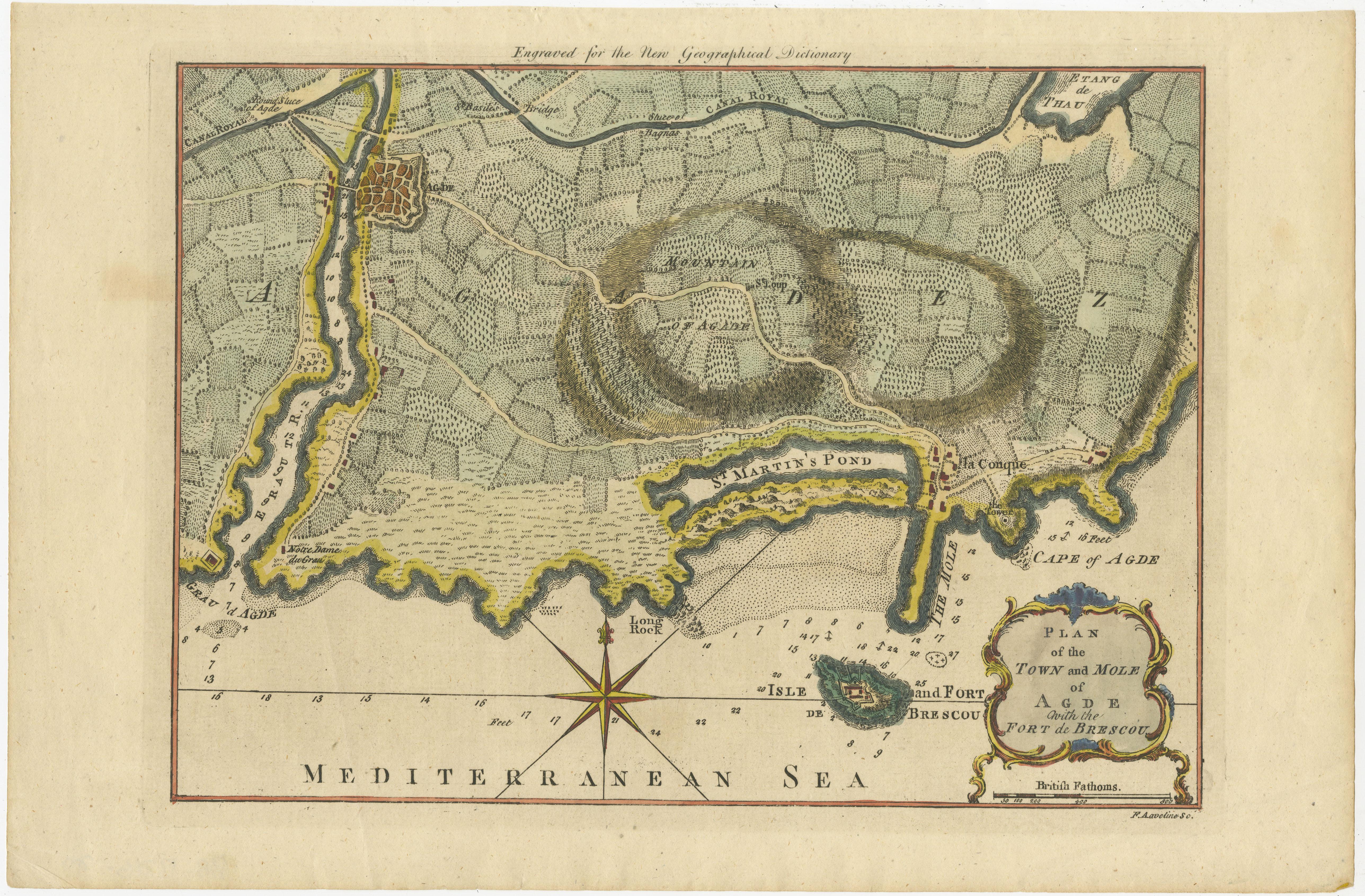 Mapa Antiguo Plano de la Ciudad y Mole de CAP D'agde & Fort De Brescou, Francia, 1759 siglo XVIII en venta