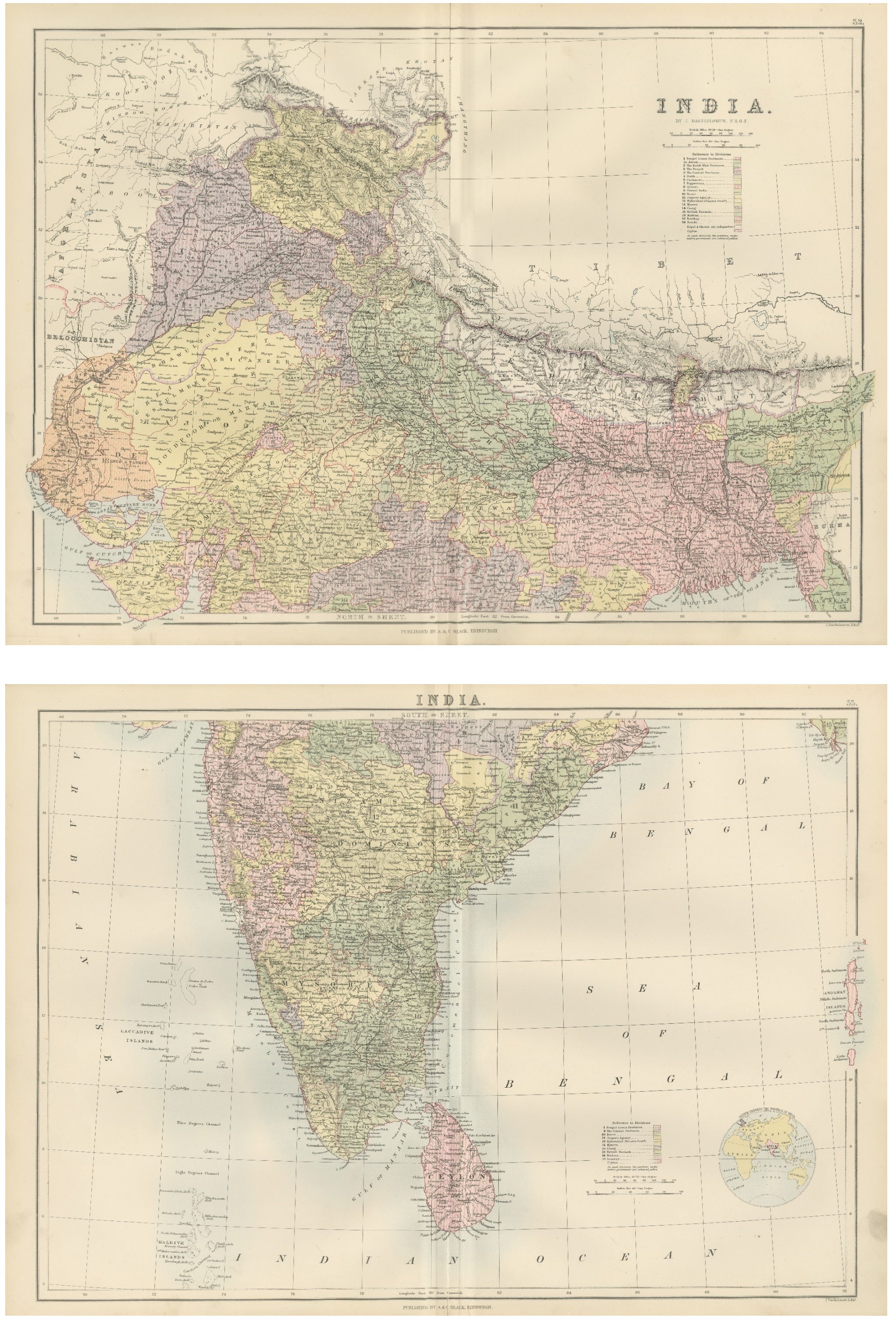 Antique Map Set of India, Two Sheets of Black’s General Atlas, Bartholomew 1884