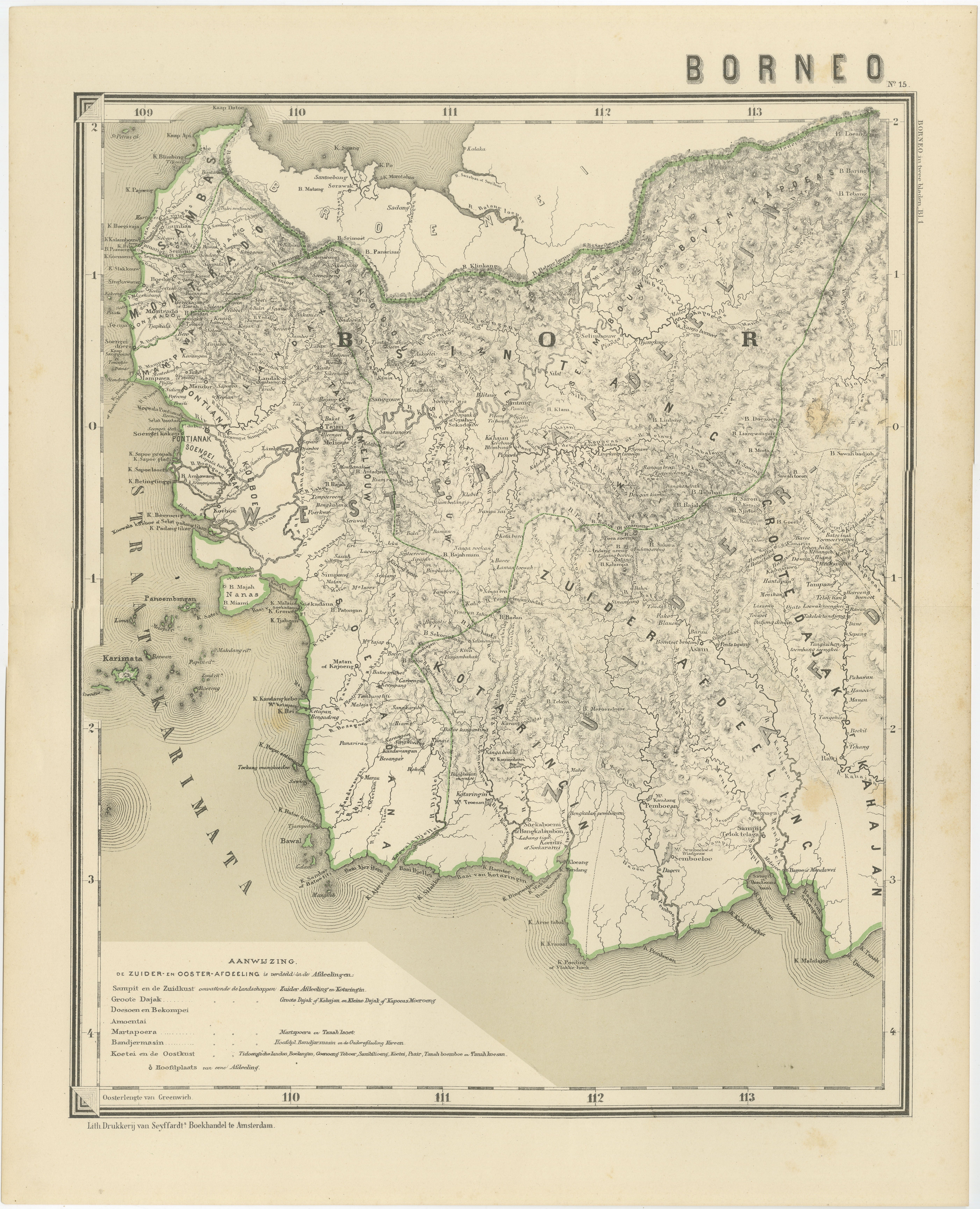Conjunto de Mapas Antiguos de Borneo Occidental y Meridional, Indias Orientales Holandesas Época Colonial

Este impresionante juego de mapas antiguos de dos hojas representa las regiones occidental y meridional de la isla de Borneo durante el último