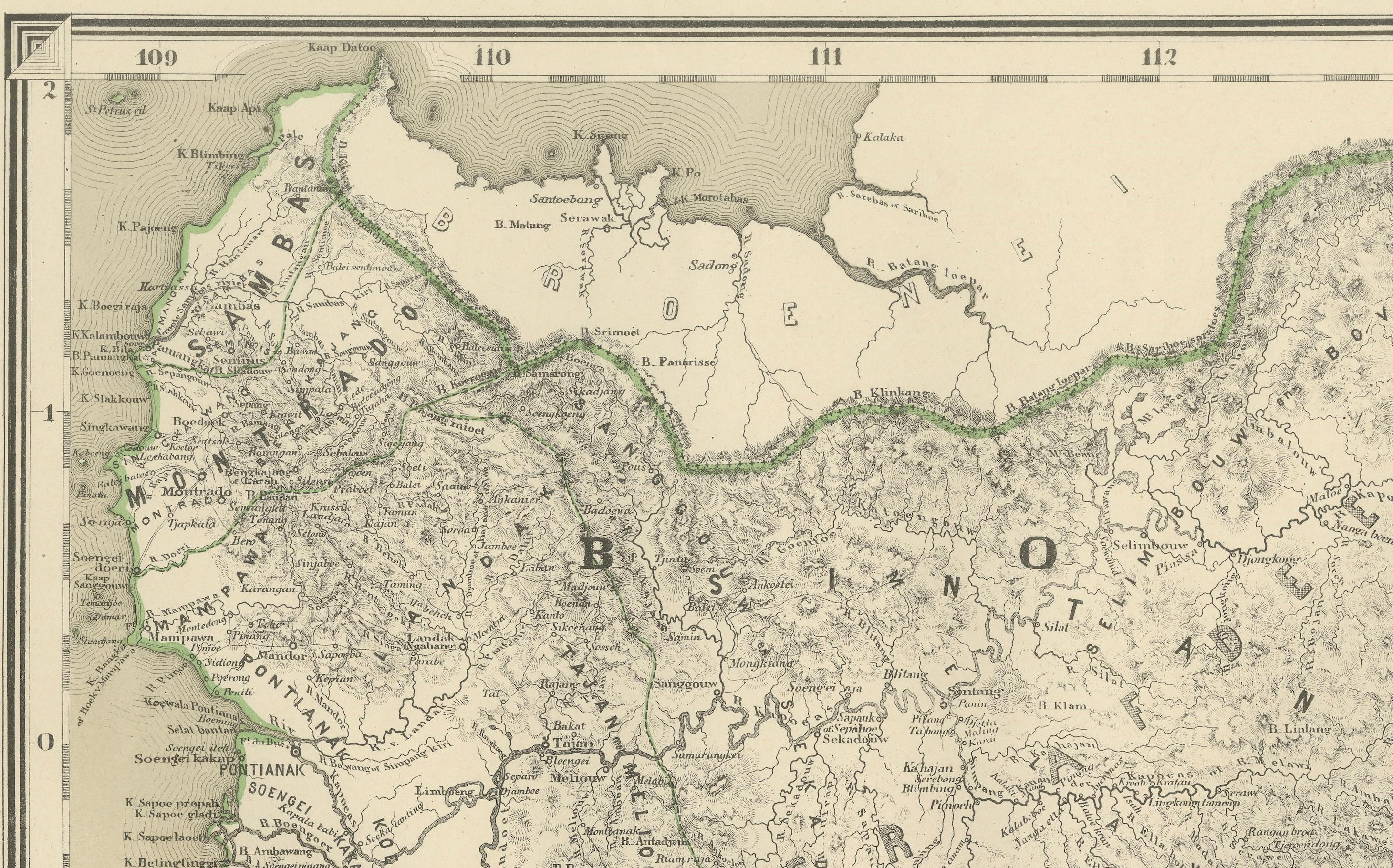 Conjunto de mapas antiguos de Borneo occidental y meridional, época de las Indias Orientales Holandesas, 1884 en Bueno estado para la venta en Langweer, NL
