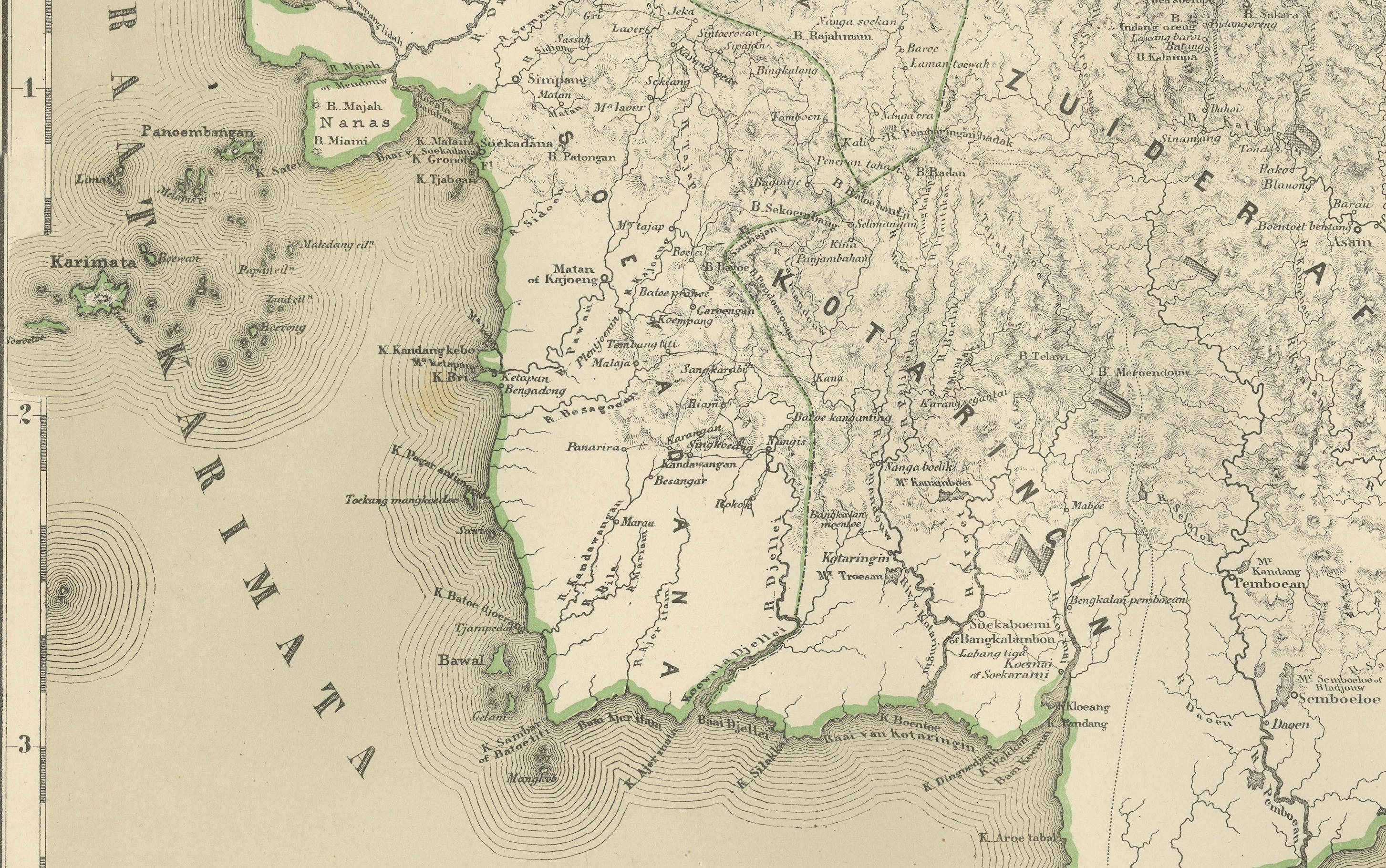 Conjunto de mapas antiguos de Borneo occidental y meridional, época de las Indias Orientales Holandesas, 1884 Fines del siglo XIX en venta