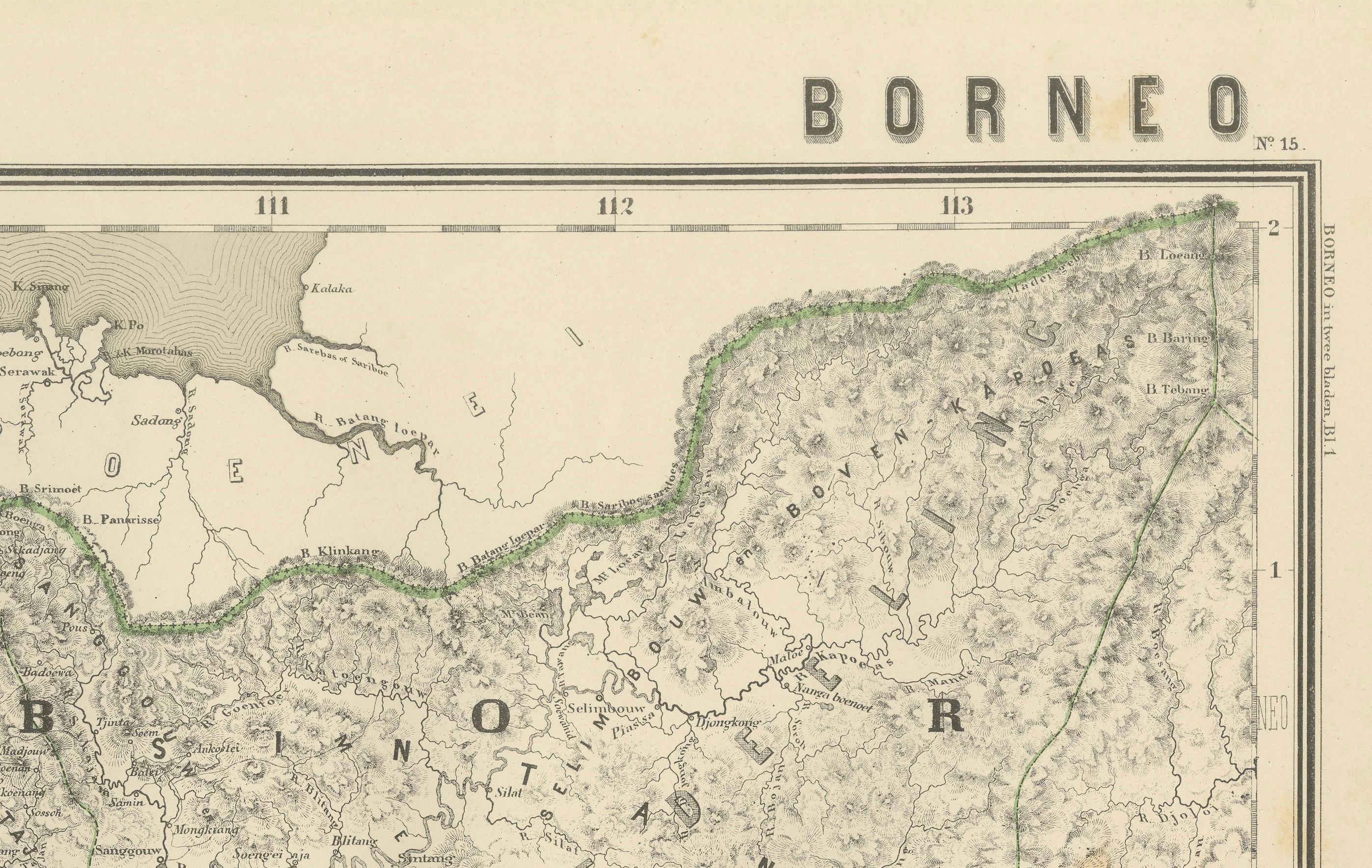 Conjunto de mapas antiguos de Borneo occidental y meridional, época de las Indias Orientales Holandesas, 1884 Papel en venta