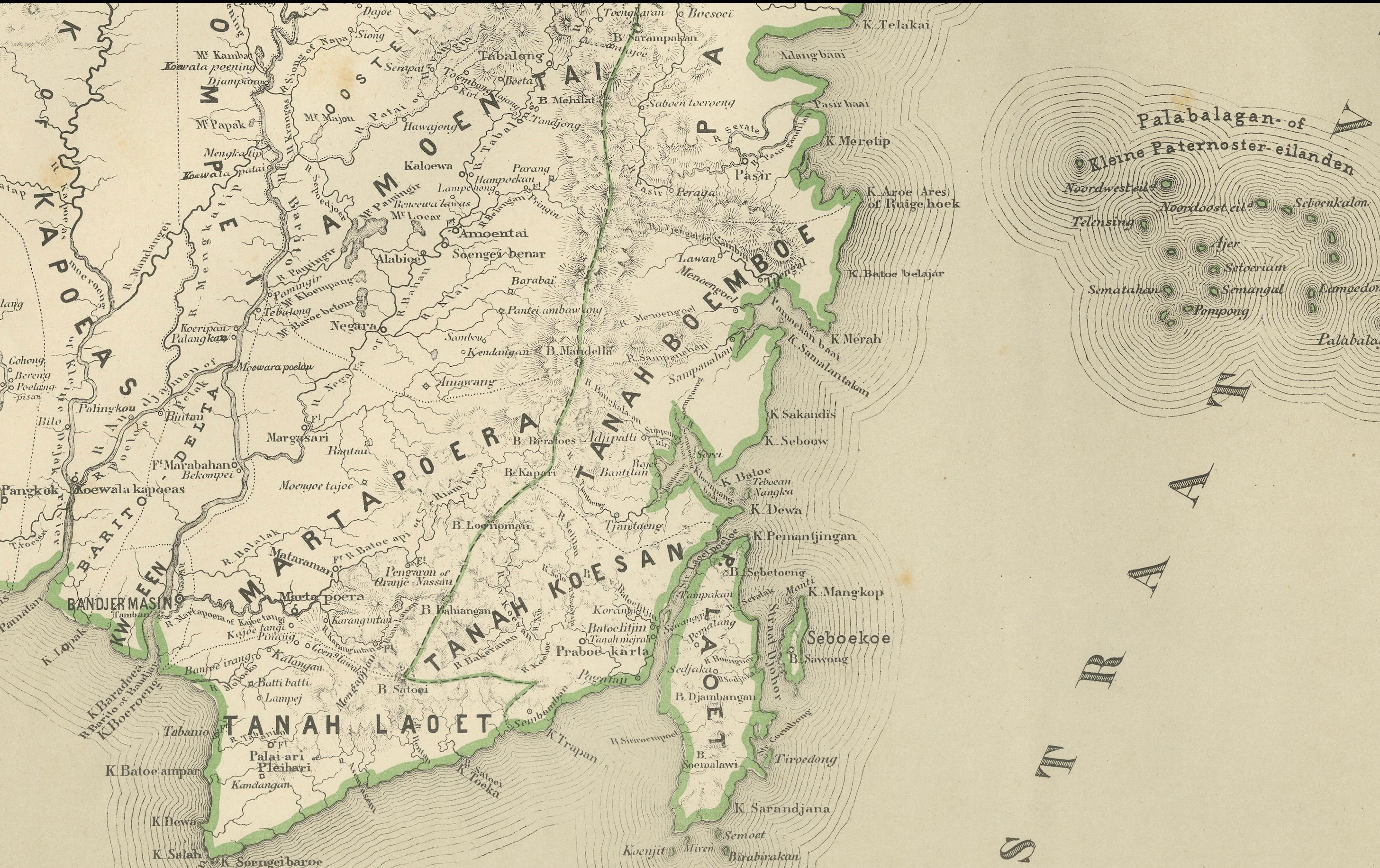 Conjunto de mapas antiguos de Borneo occidental y meridional, época de las Indias Orientales Holandesas, 1884 en venta 3