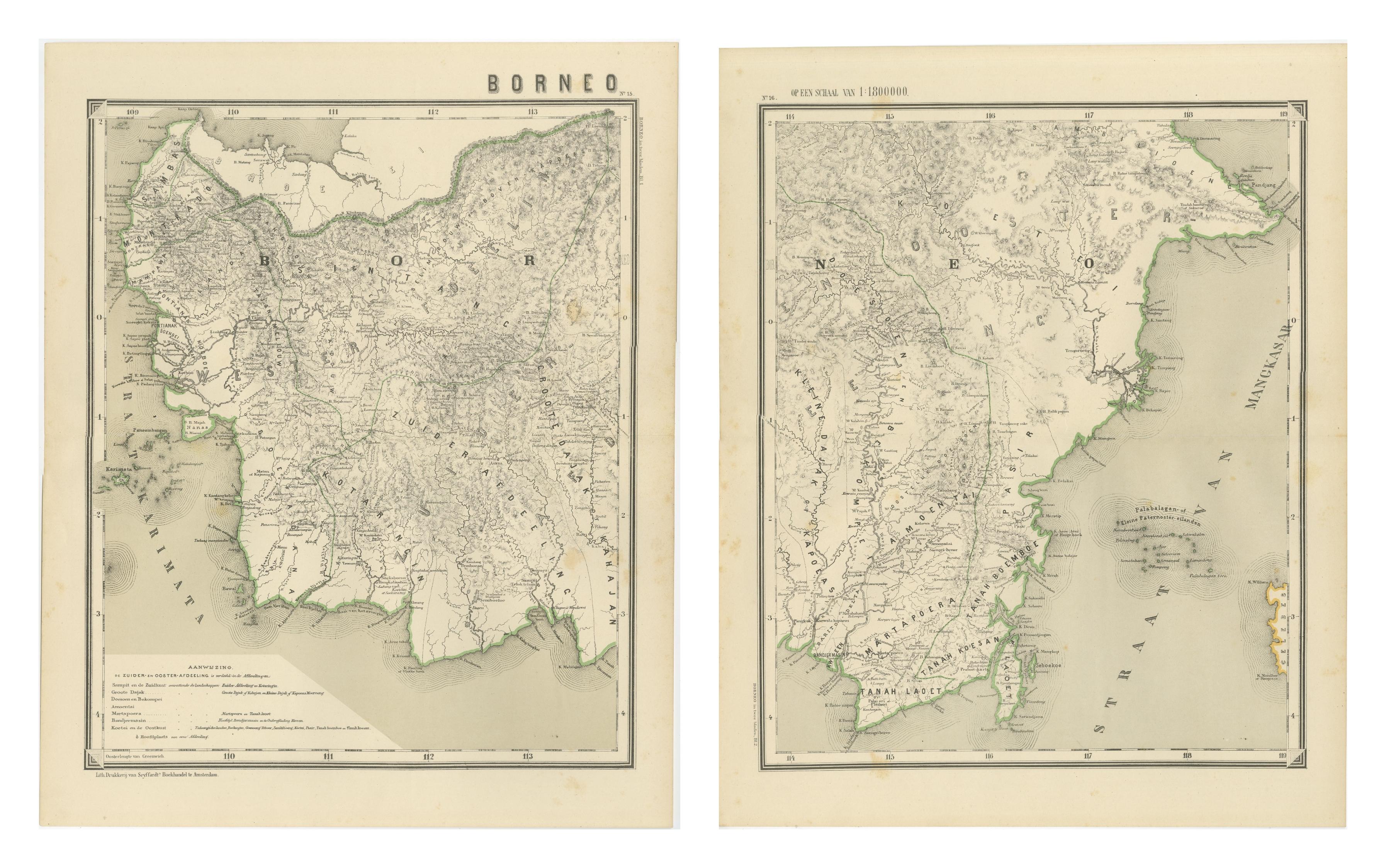 Conjunto de mapas antiguos de Borneo occidental y meridional, época de las Indias Orientales Holandesas, 1884
