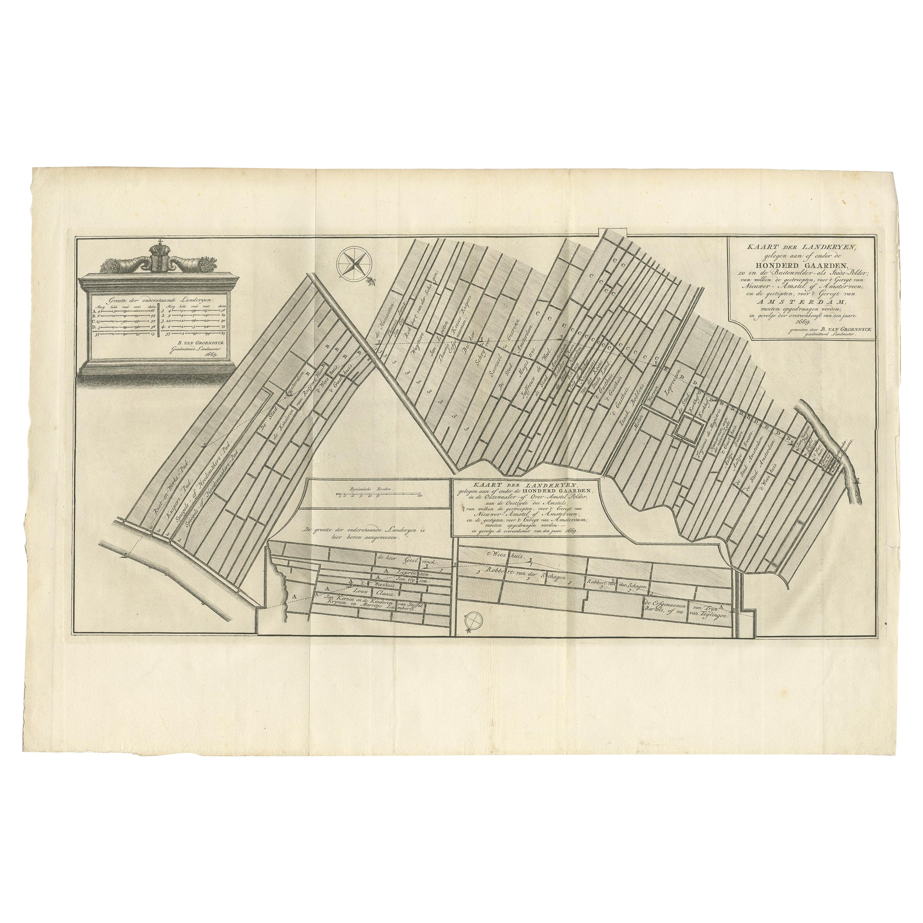 Antique Map Showing Estates of 1669 in Amsterdam, Published in c.1767