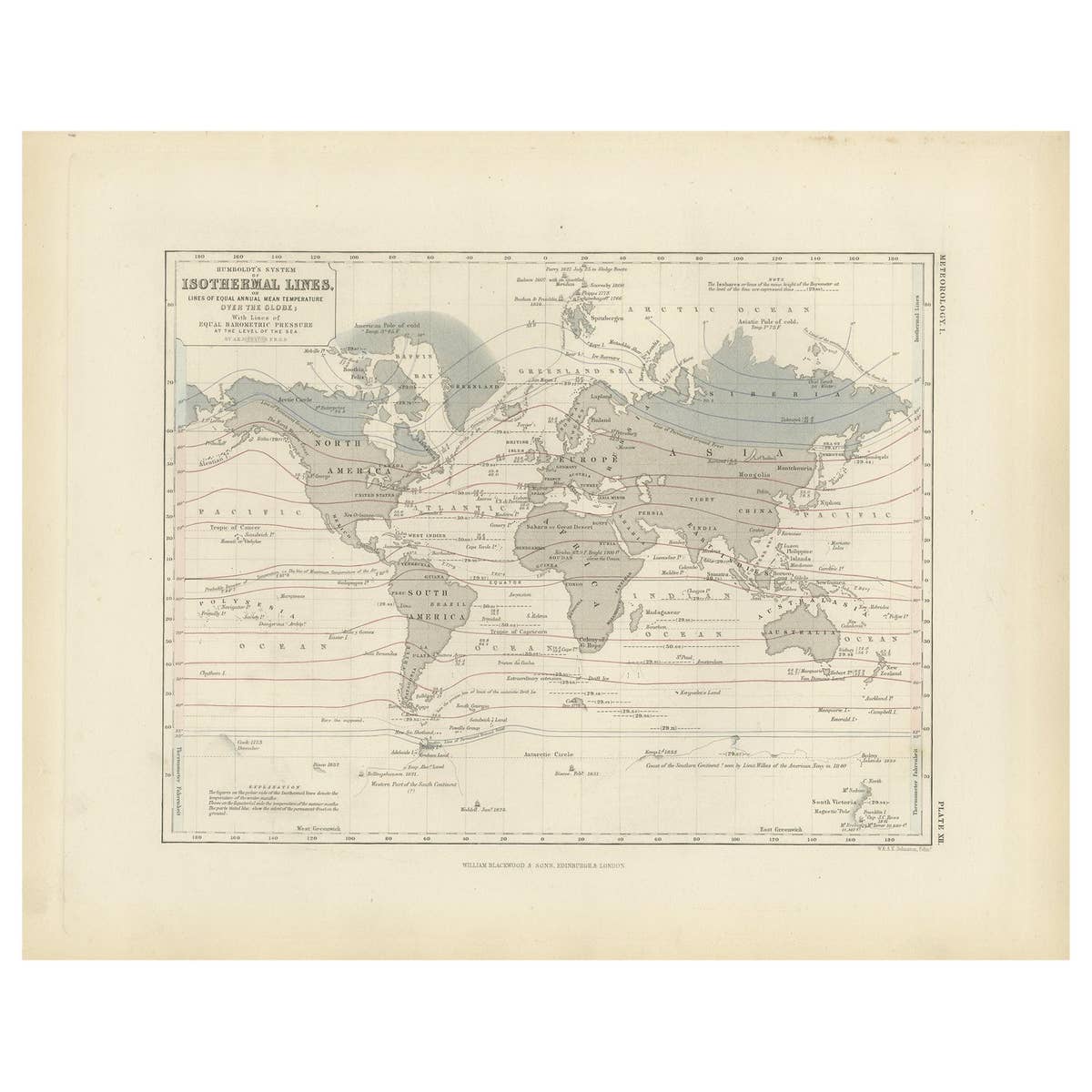 Antique Map showing Isotherm Lines throughout the World by Johnston '1850'