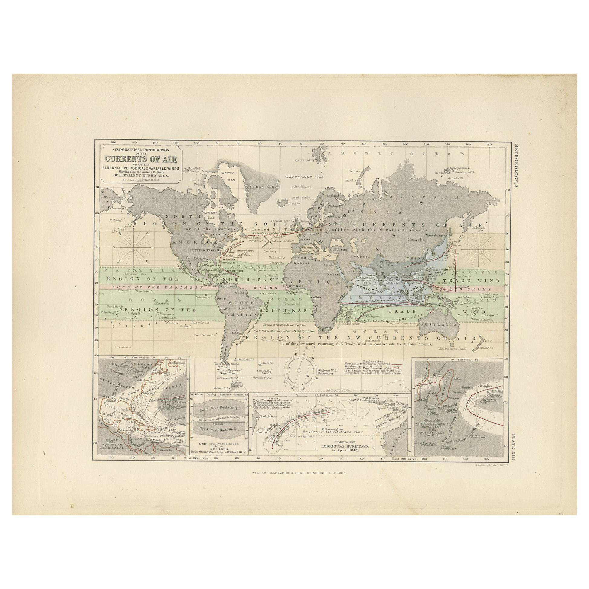 Antique Map Showing the Distribution of the Currents of Air by Johnston '1850' For Sale