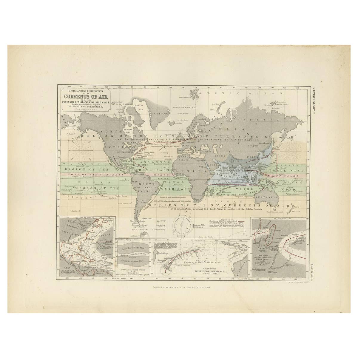 Antique Map Showing the Distribution of the Currents of Air by Johnston '1850'