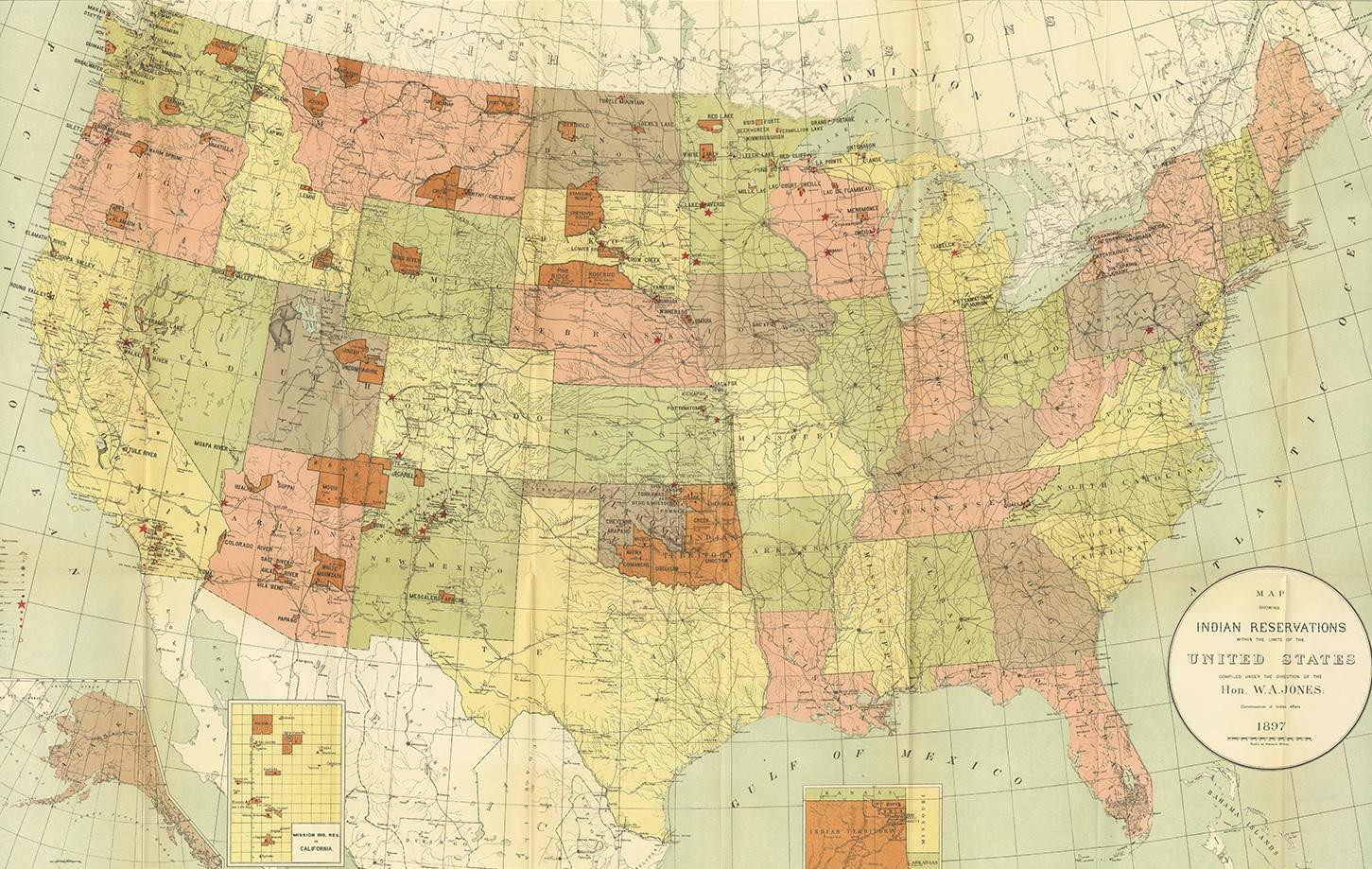 Antique map titled 'Map showing the Indian Reservations within the Limits of the United States'. Large folding map of the United States showing the Indian Reservations. The present map locates all the lands reserved to Native American Tribes as of