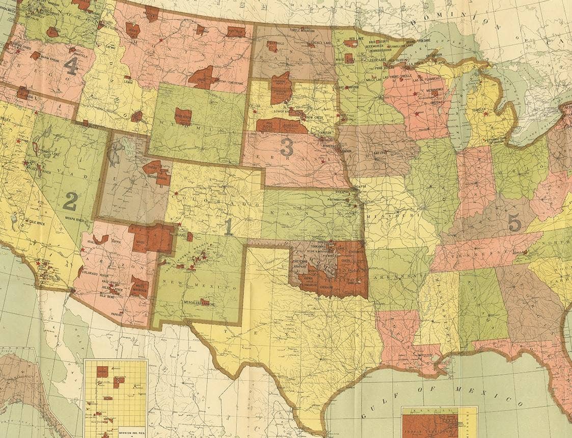 Antique Map Showing the Locations of Native American Tribes in 1899