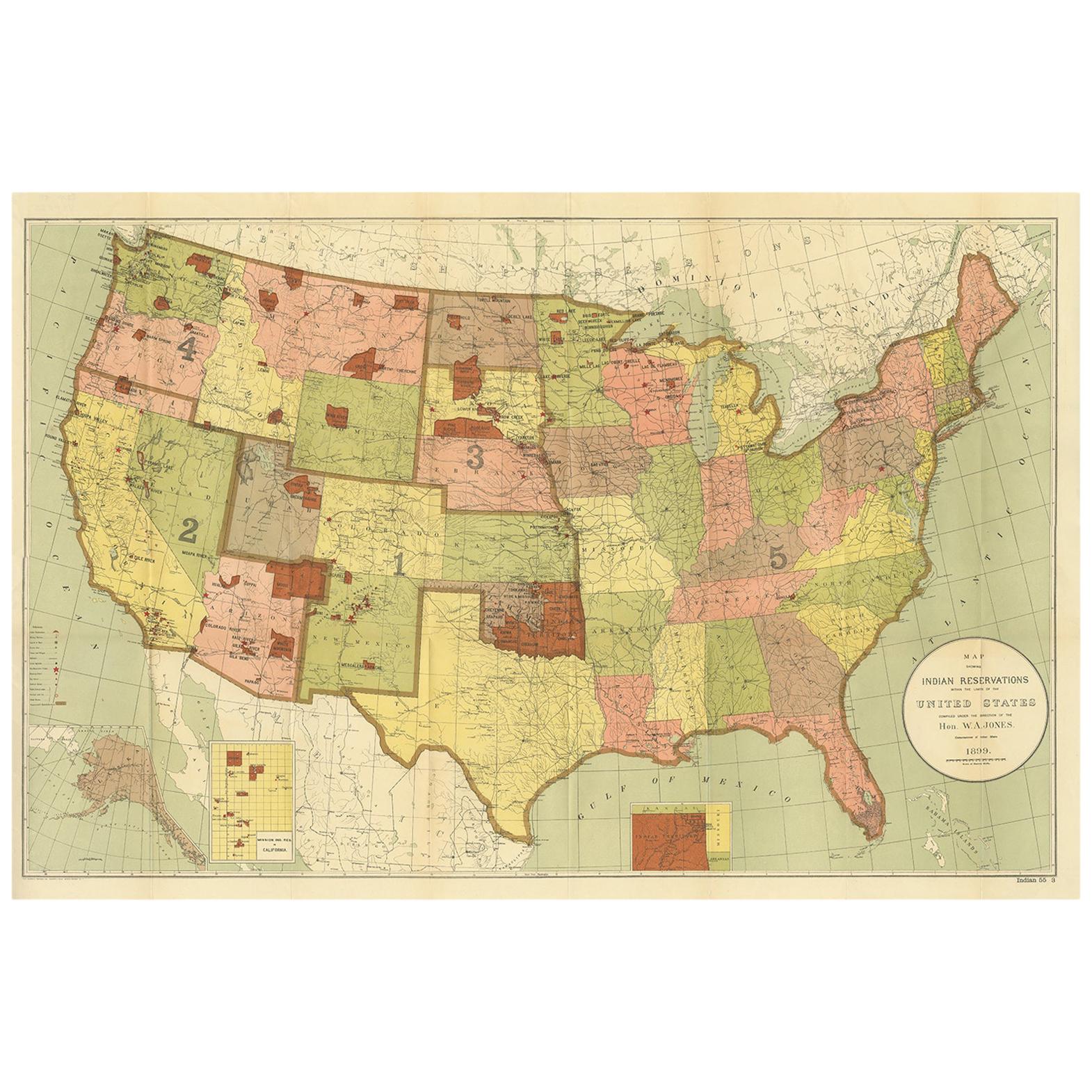 Carte ancienne montrant l'emplacement des tribus amérindiennes en 1899 en vente