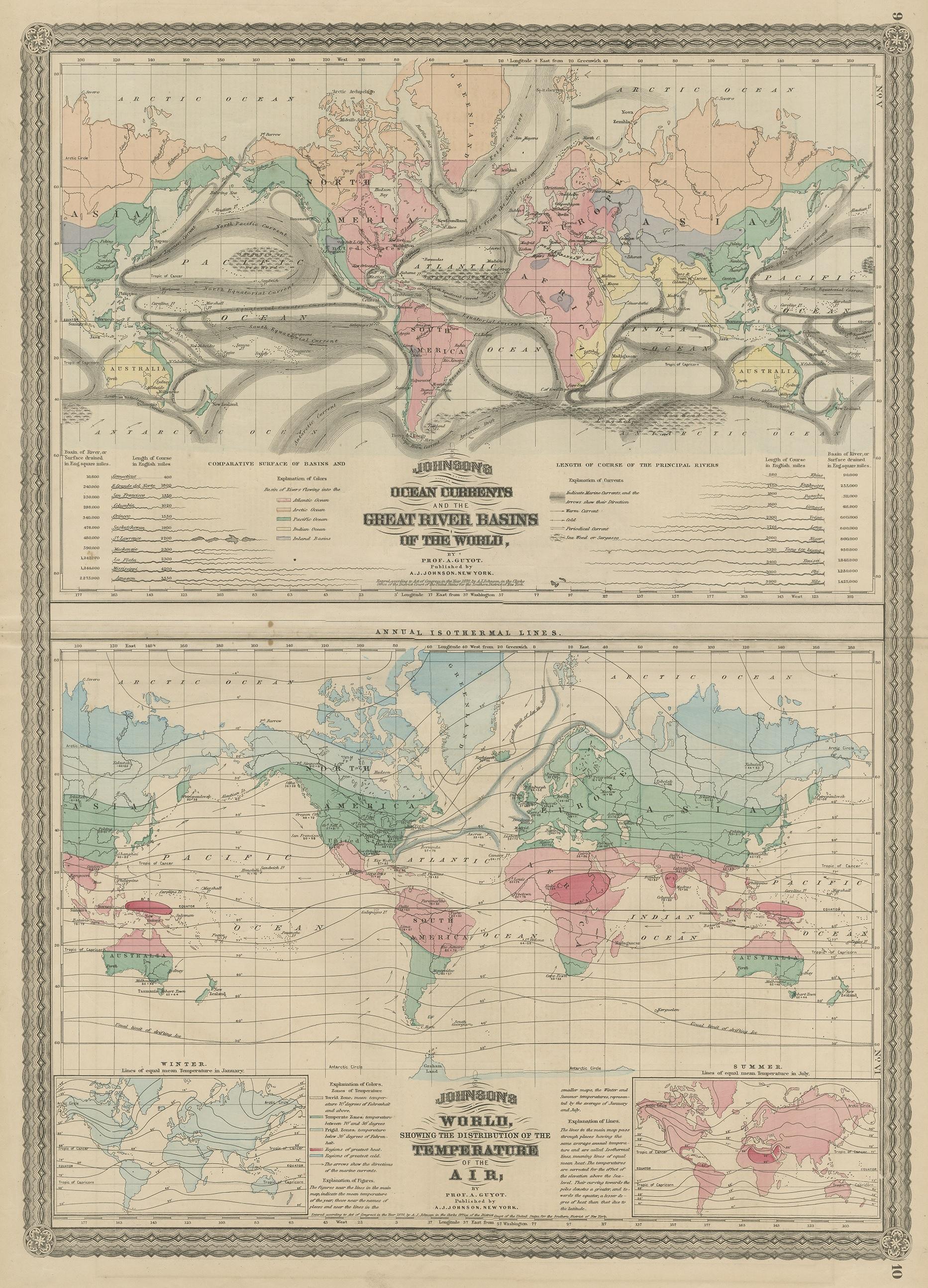 Two maps on one sheet titled 'Johnson's Oceans Currents (..)' and 'Johnson's World showing the Distribution of the Temperature of the Air'. Original world map showing the ocean currents, great river basins and temperature of air. This map originates