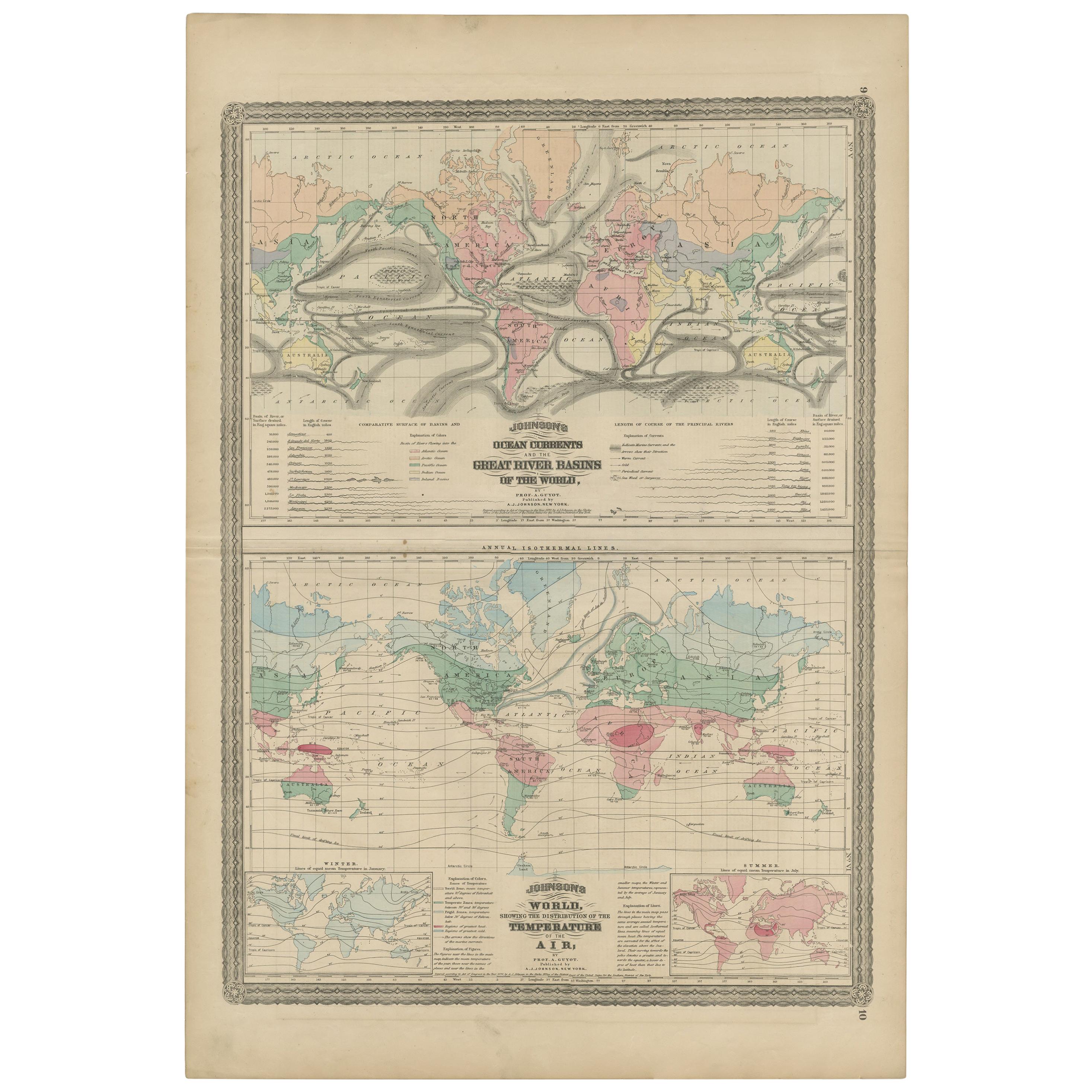 Antique Map Showing the Ocean Currents and Temperature of Air, '1872' For Sale