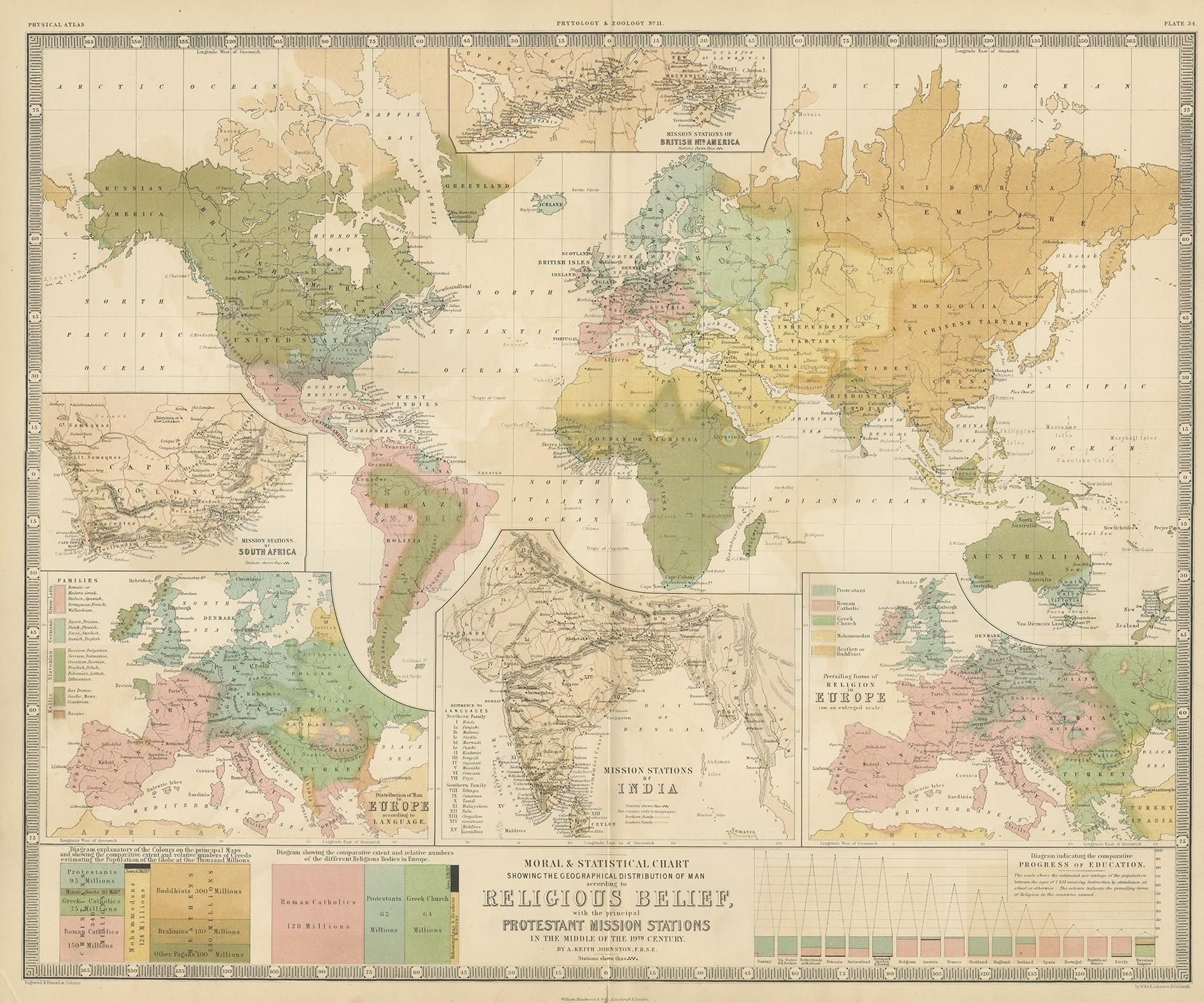 Antique map titled 'Moral & Statistical Chart showing the Geographical Distribution of Man According to Religious Belief'. Rare large-size thematic map on the distribution of religions around the world, shown with different colours and diagrams.