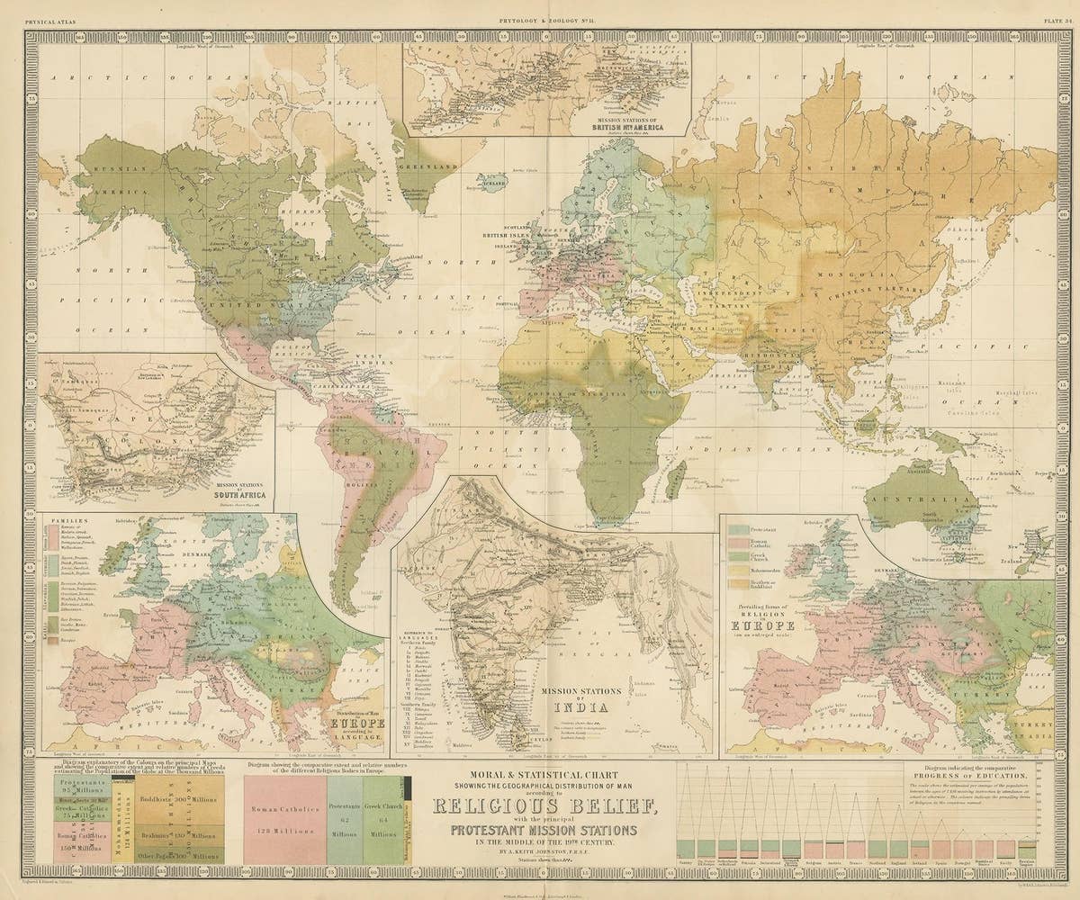 Antique Map Showing the Religions Around the World by Johnston '1854'