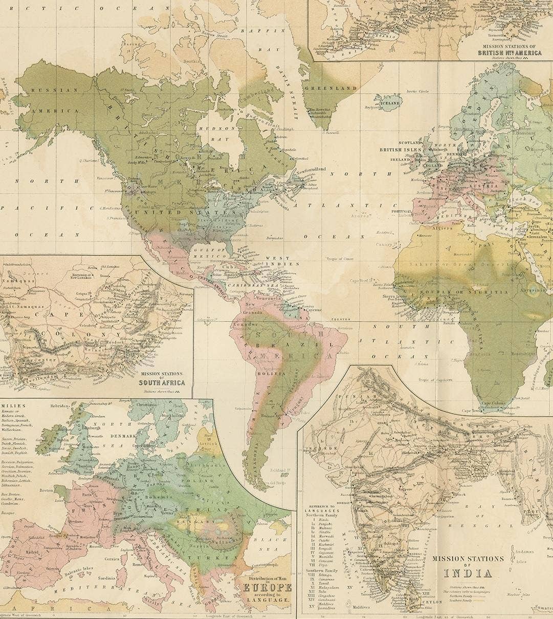 Antique Map Showing the Religions Around the World by Johnston '1854'
