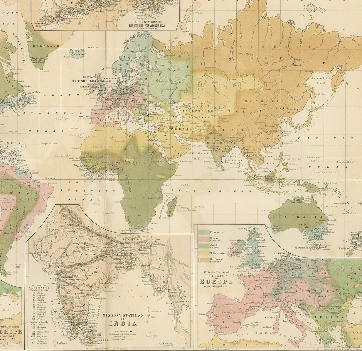 XIXe siècle Carte ancienne montrant les religions du monde entier par Johnston '1854' en vente