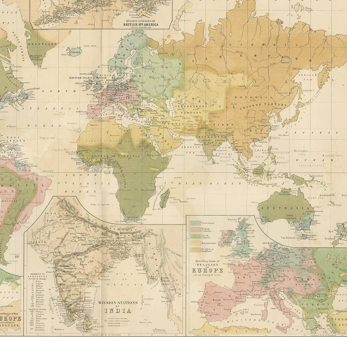 Antique Map Showing the Religions Around the World by Johnston '1854'