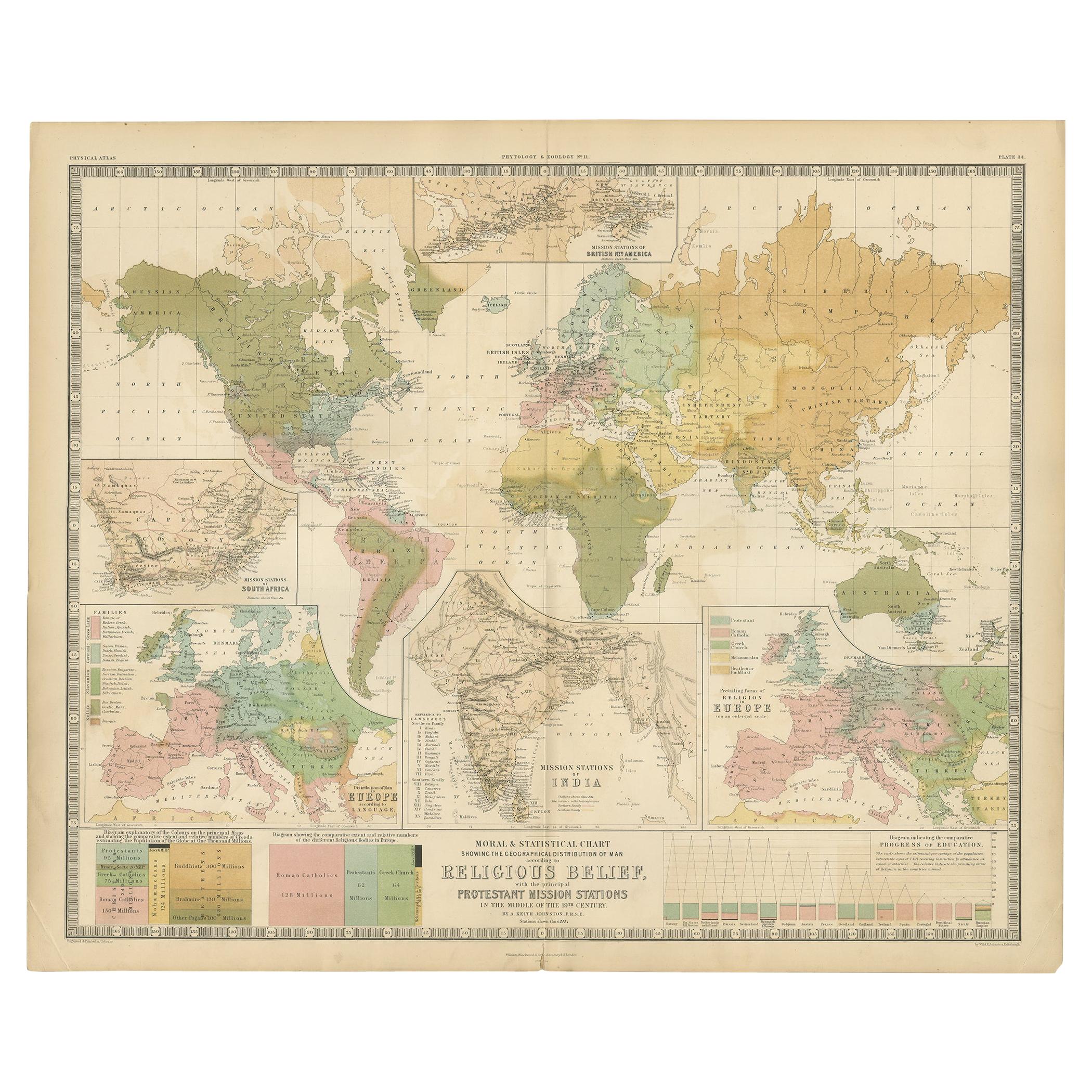 Carte ancienne montrant les religions du monde entier par Johnston '1854' en vente