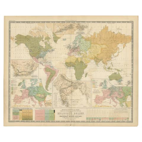 Antique Map Showing the Religions Around the World by Johnston '1854'