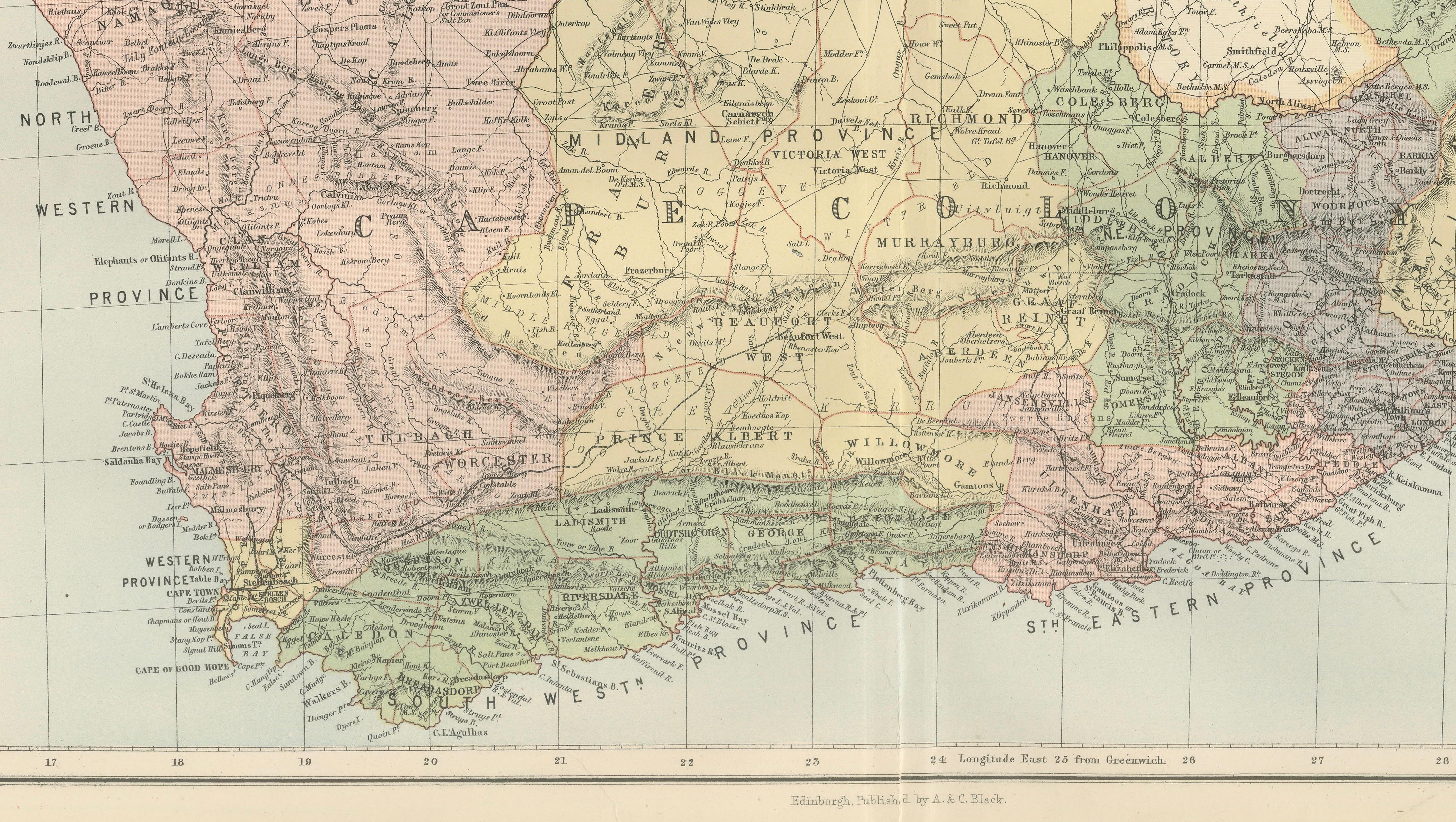 Antique Map South Africa, Bartholomew for Black’s General Atlas - 1884