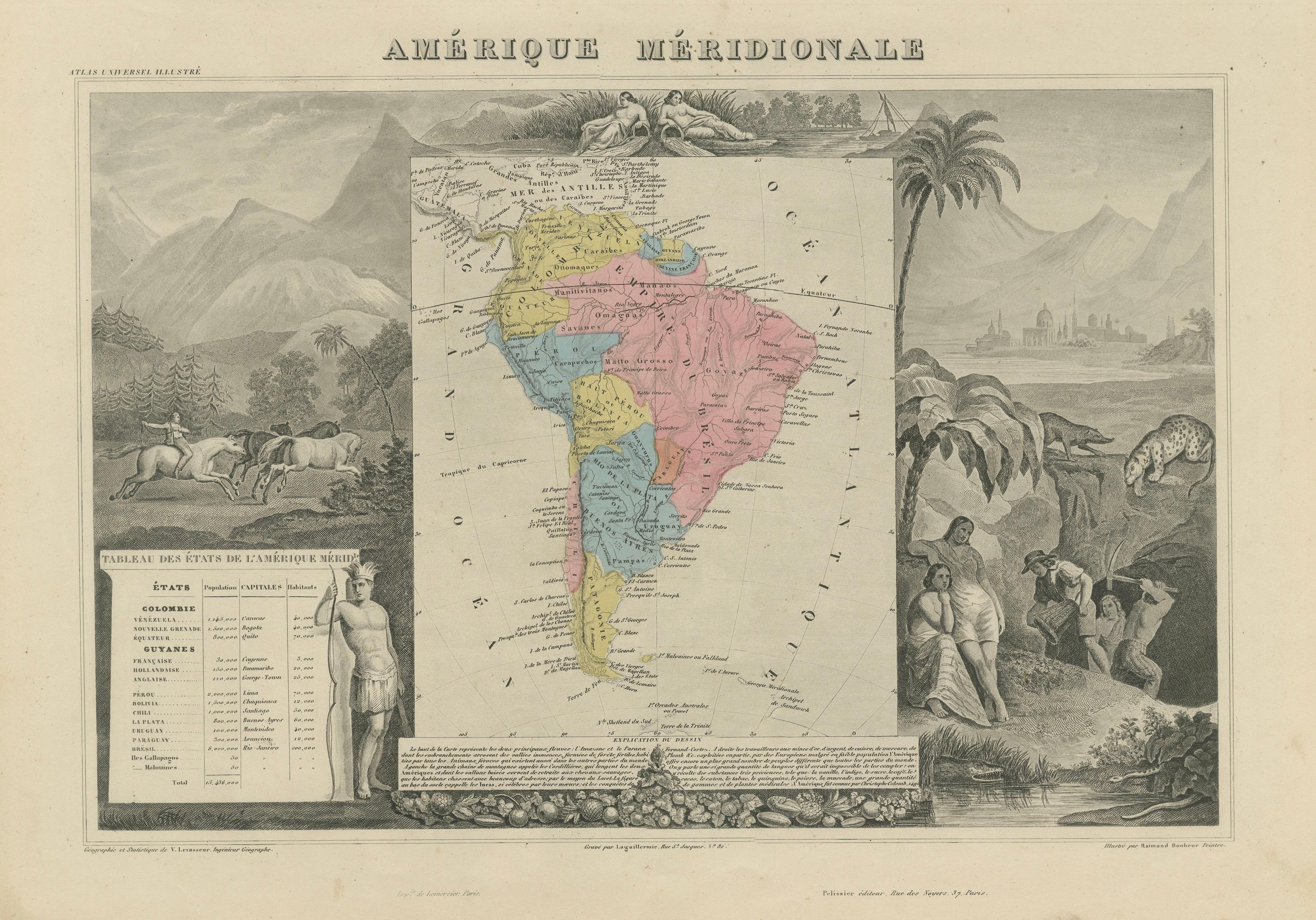Antique Map South America, Levasseur, Decorative Original Hand Colored, c.1845